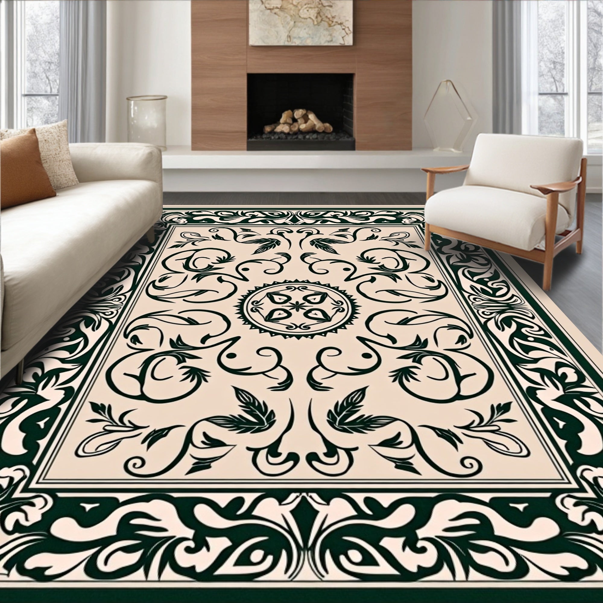 Intricate Floral Dark Green On Cream Rug