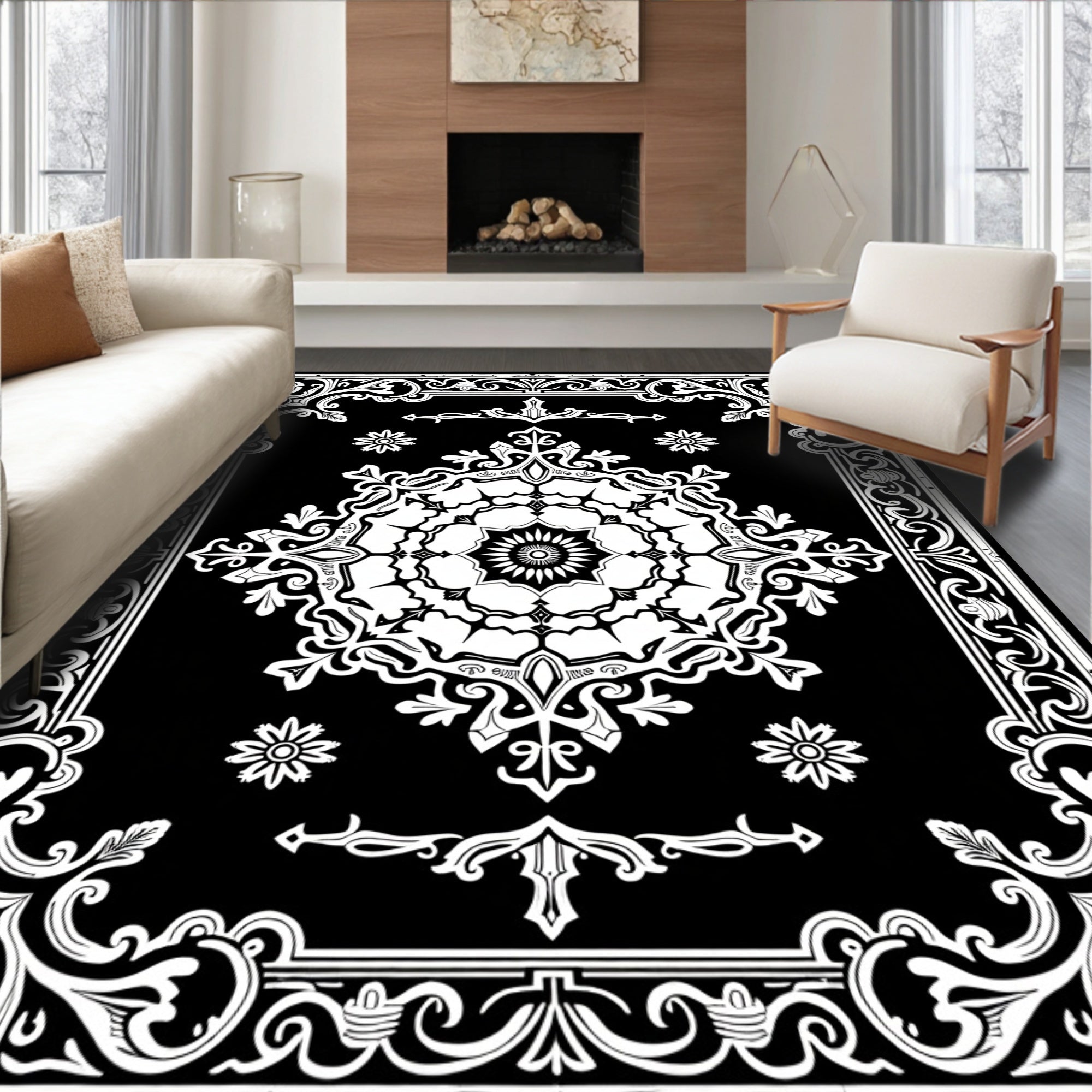 Elegant White Floral Scrollwork Rug