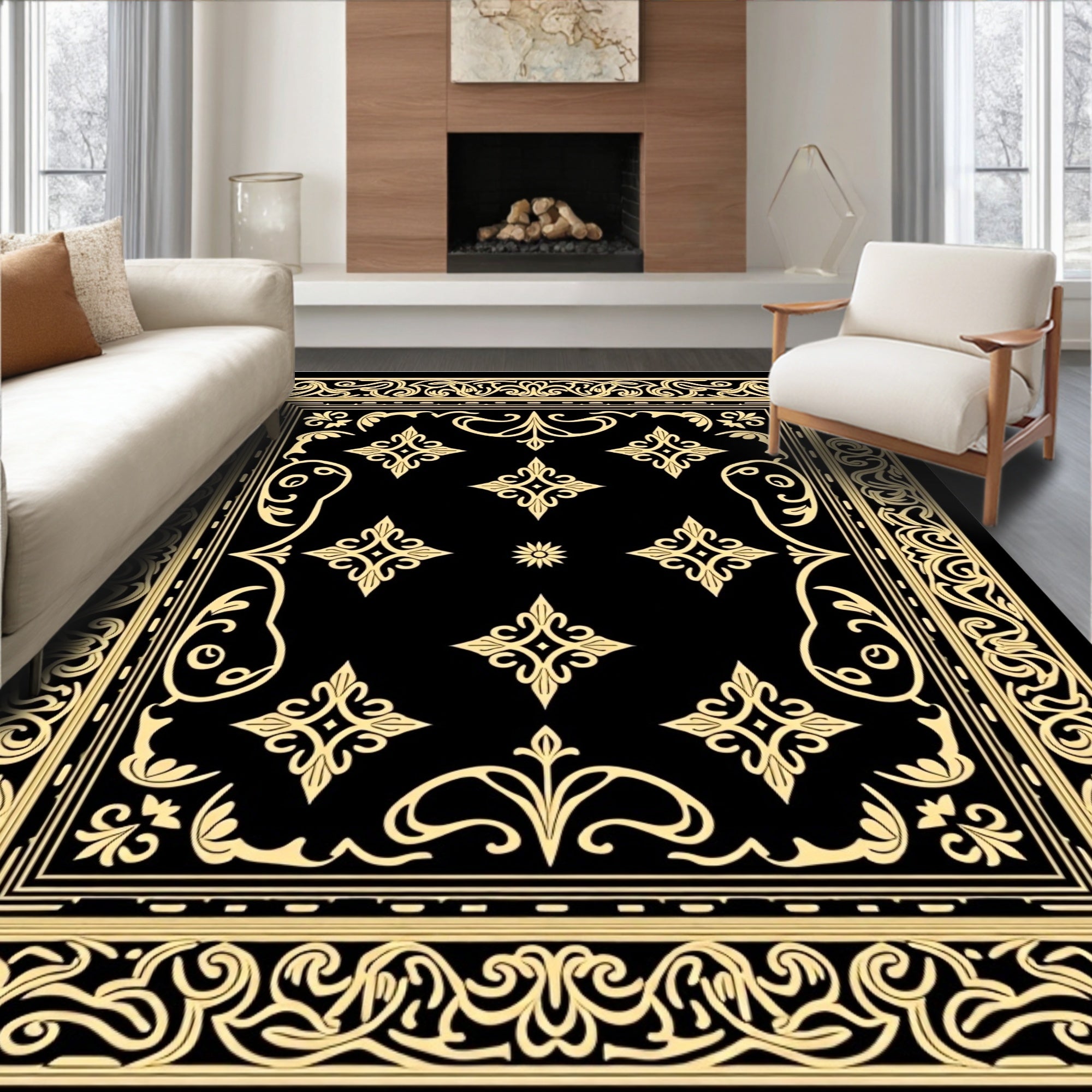 Black And Gold Intricate Floral Pattern Rug