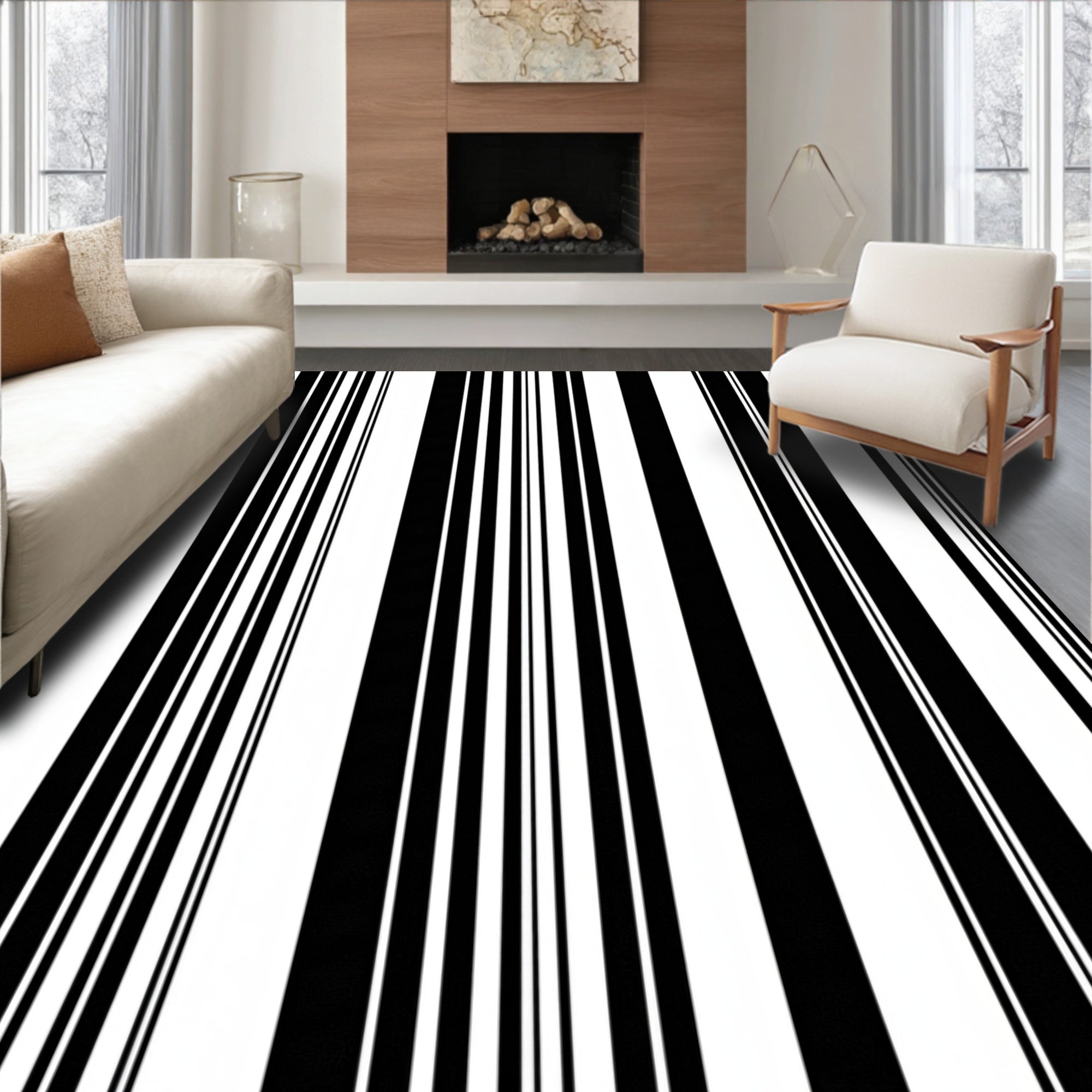 Bold Black White Stripe Pattern Rug