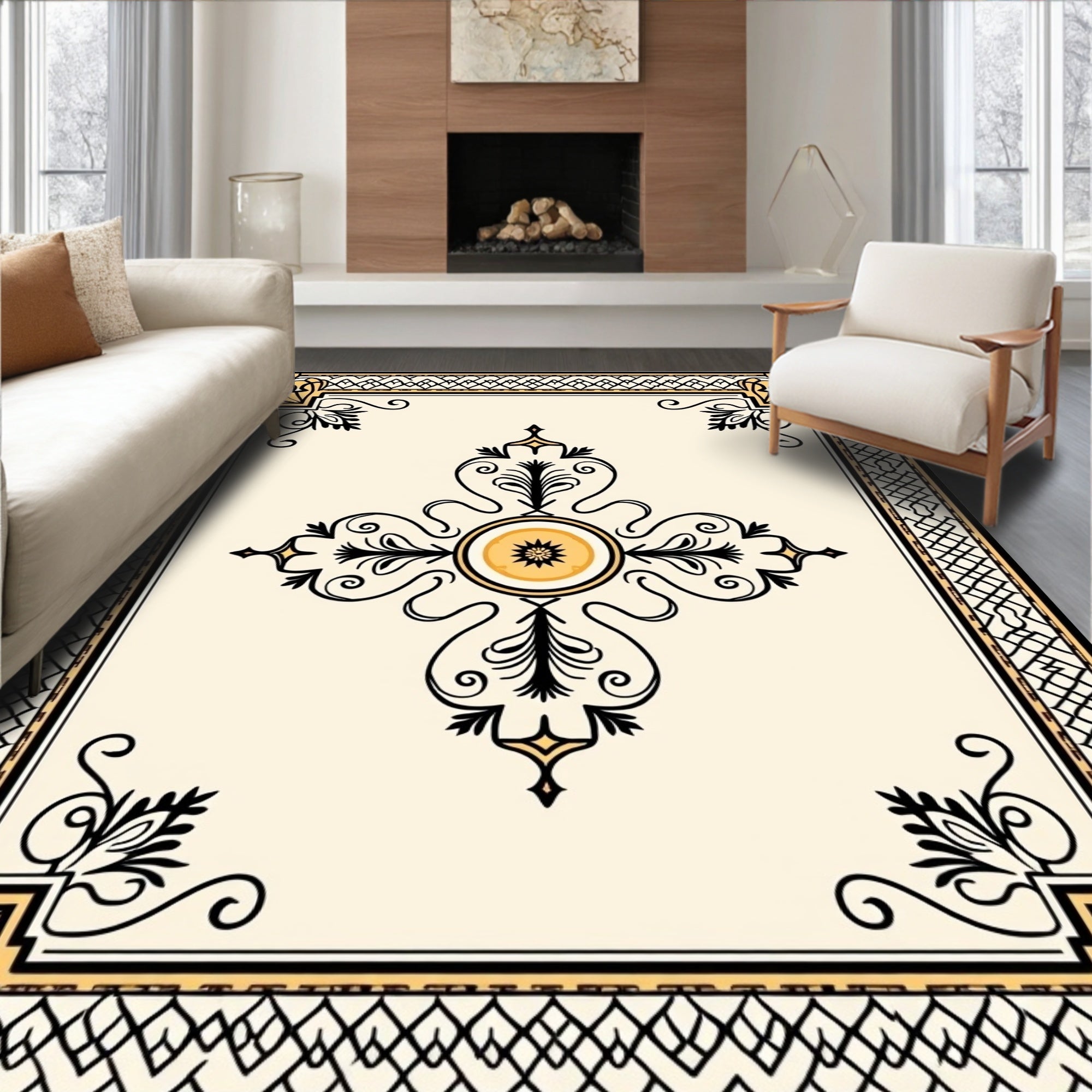 Floral Scrollwork Centerpiece Border Rug