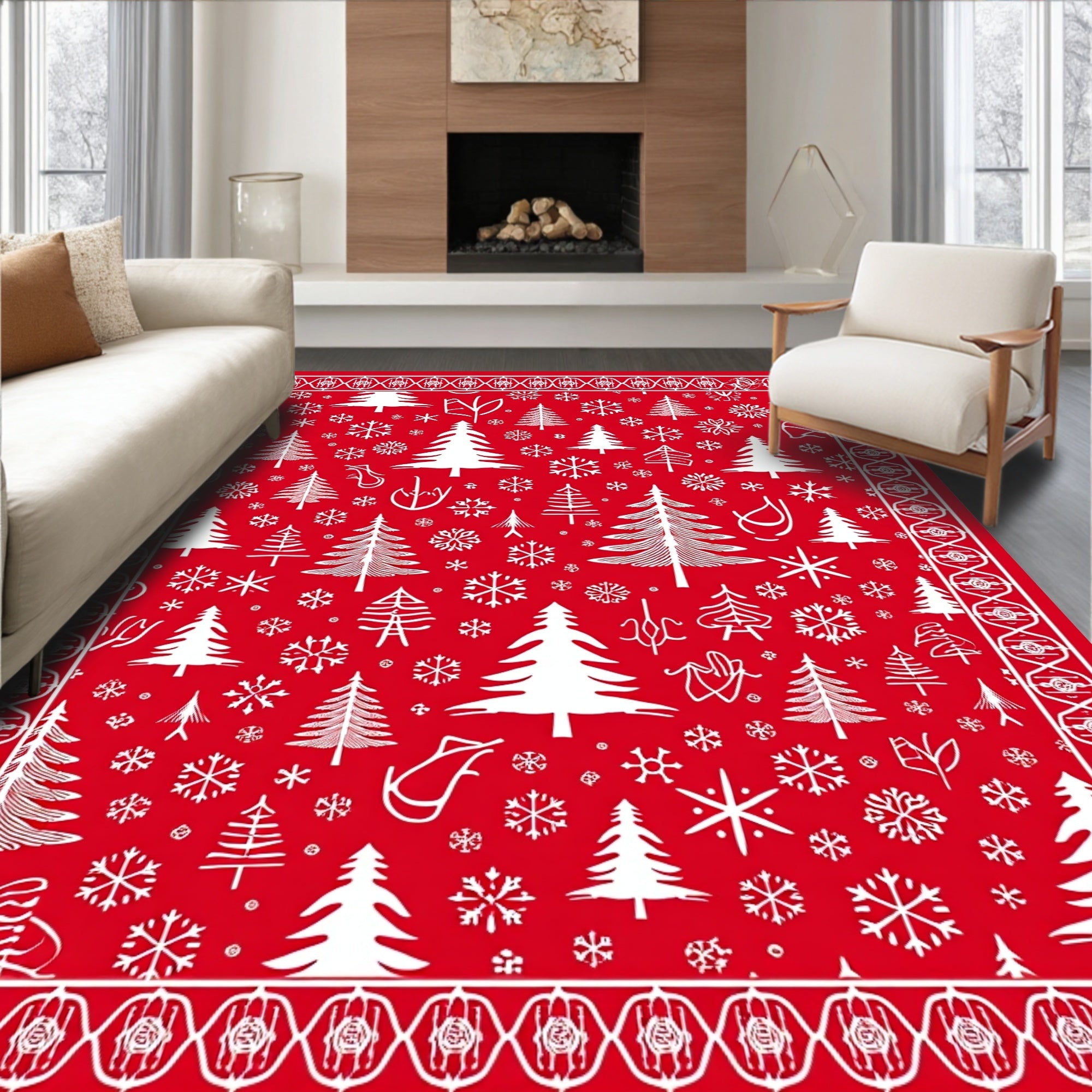 Red White Christmas Tree Snowflake Border Rug