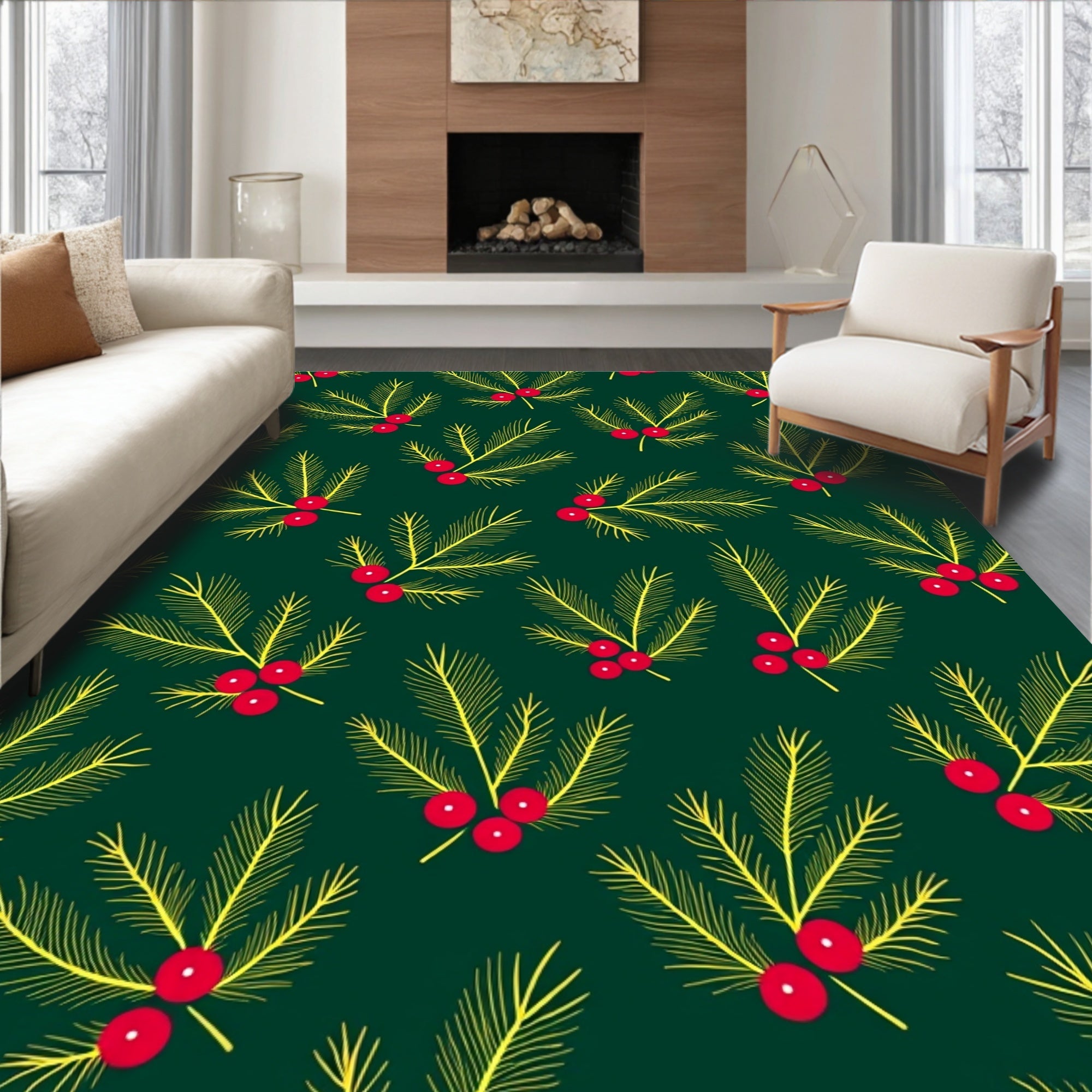 Festive Pine Sprig Red Berry Rug
