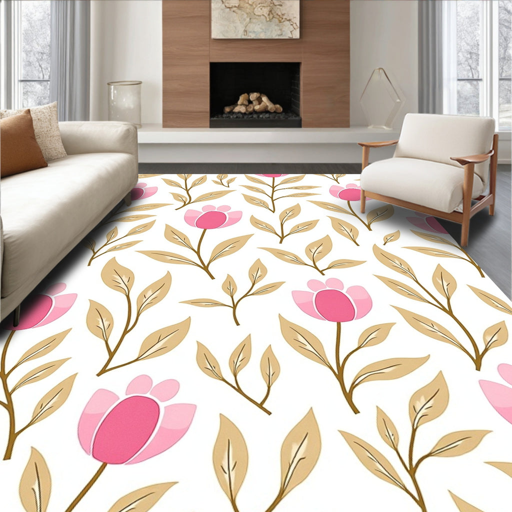 Pink Tulip Floral Branches Pattern Rug