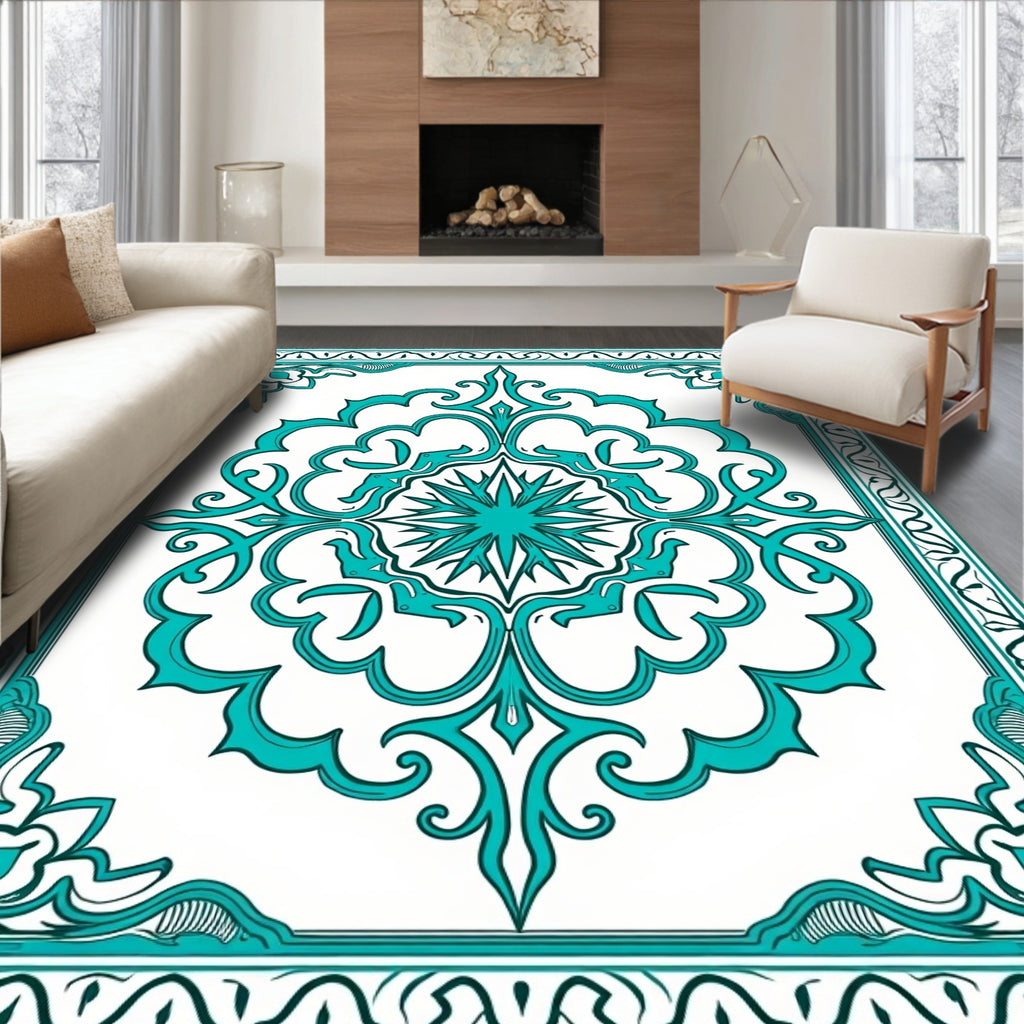 Ornate Teal Floral Mandala Pattern Rug
