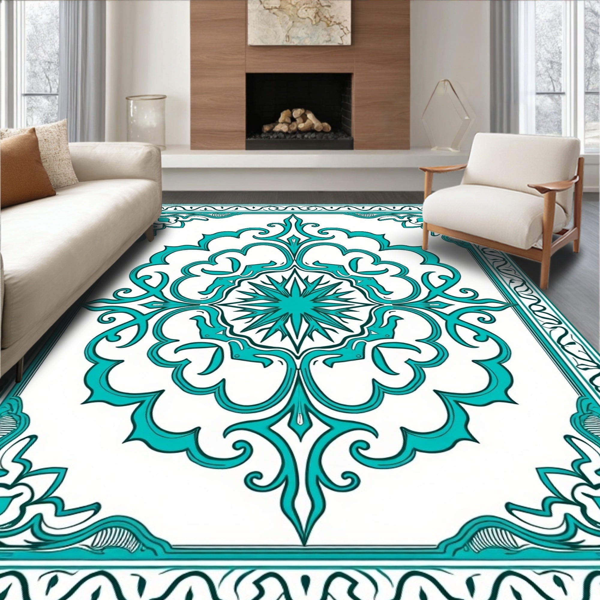 Ornate Teal Floral Mandala Pattern Rug