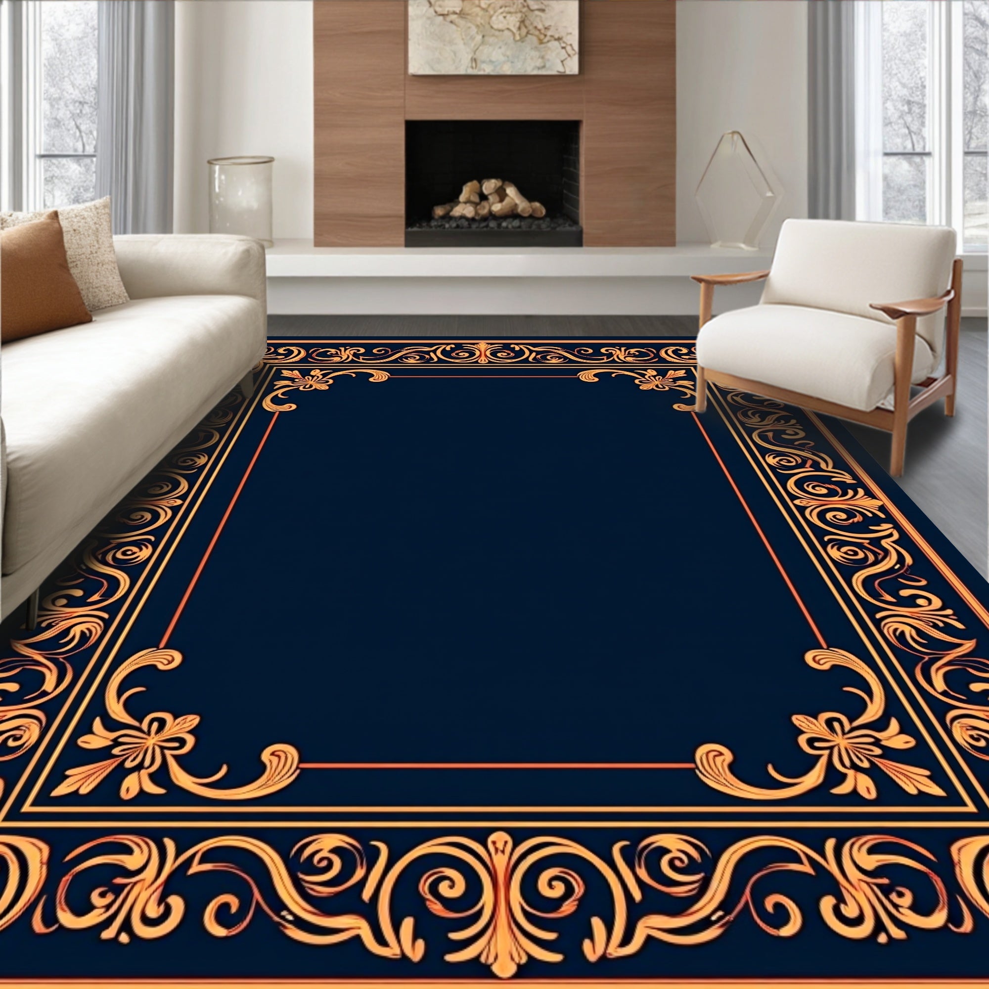 Ornate Floral Scrollwork Golden Border Rug