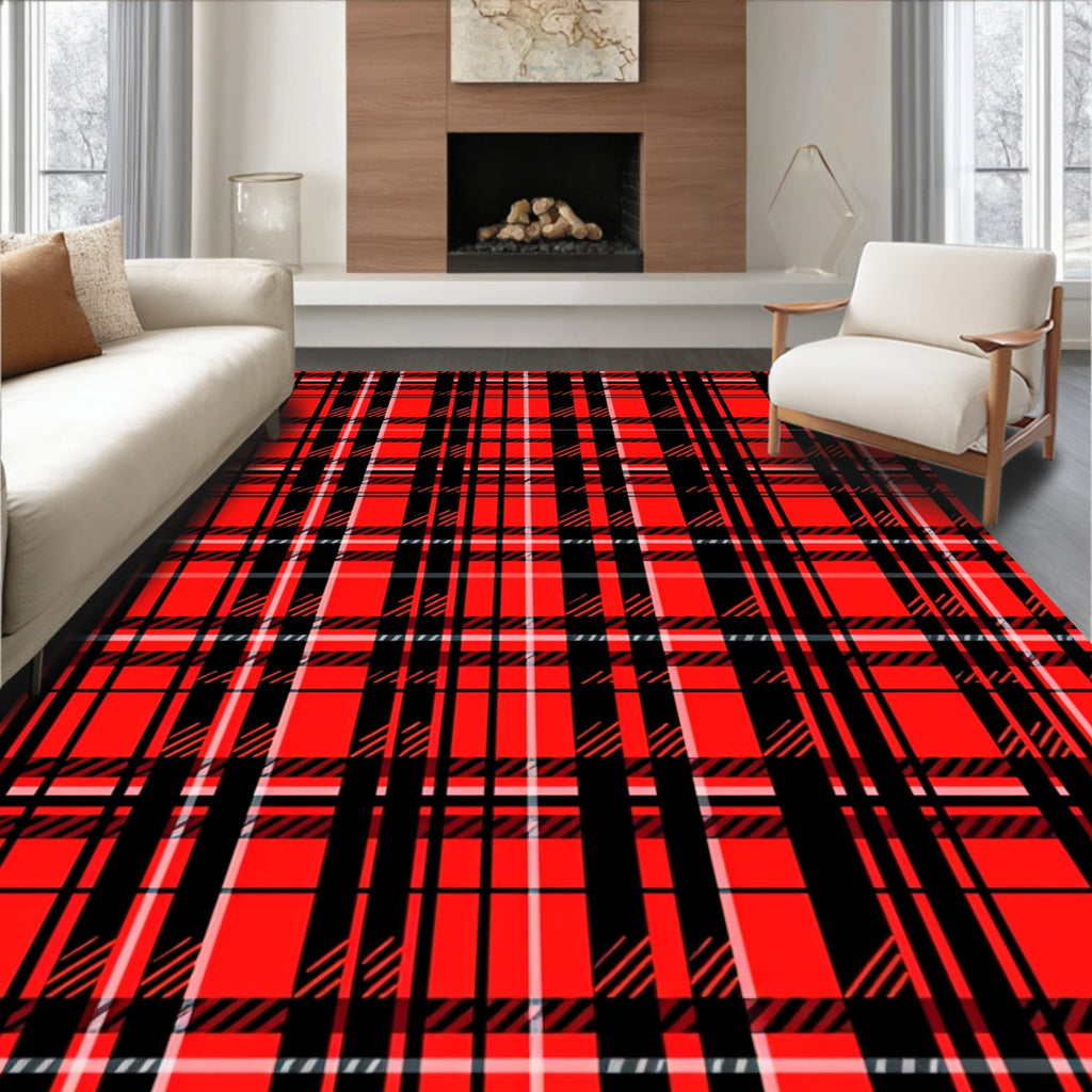 Bold Red Black Plaid Pattern Rug