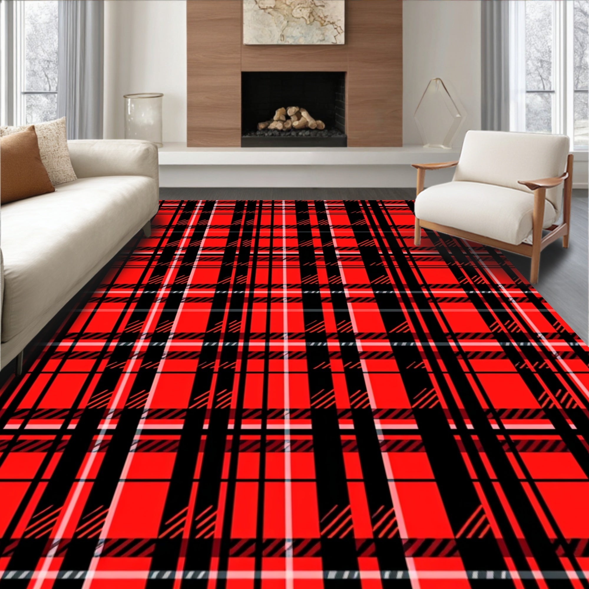 Bold Red Black Plaid Pattern Rug