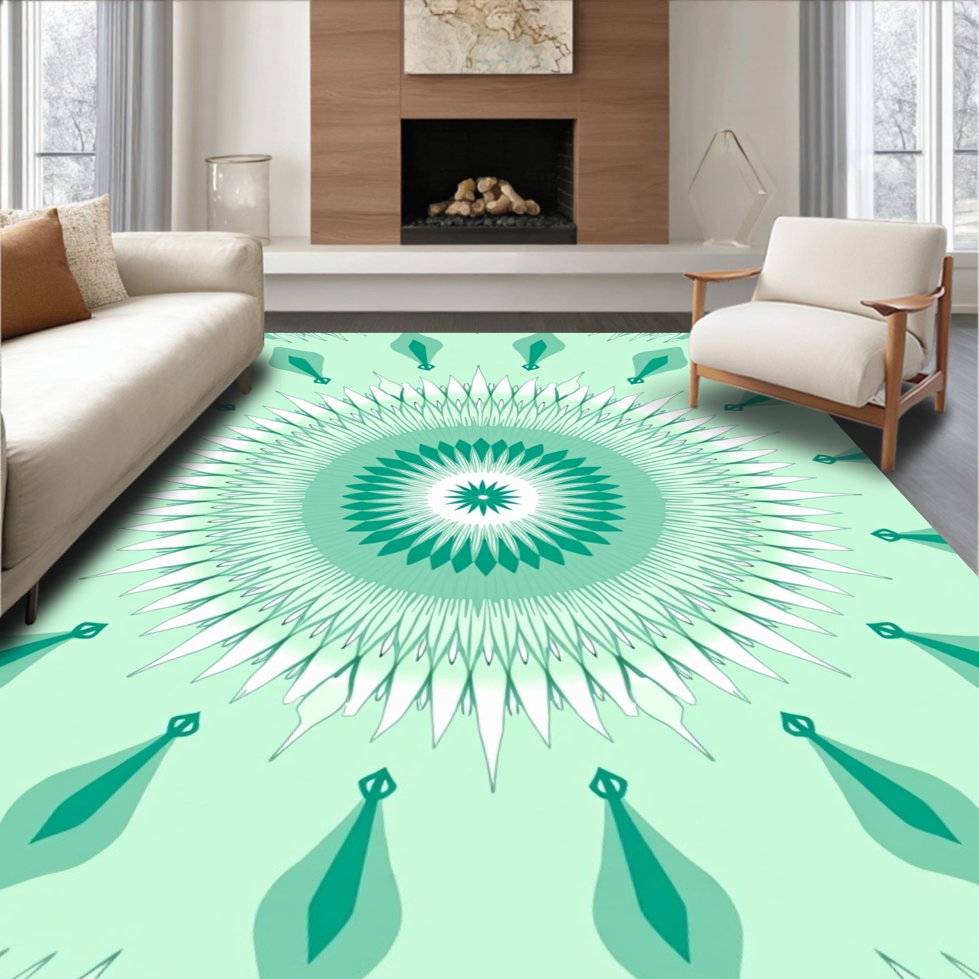 Teal Sunburst Mandala Pattern Rug
