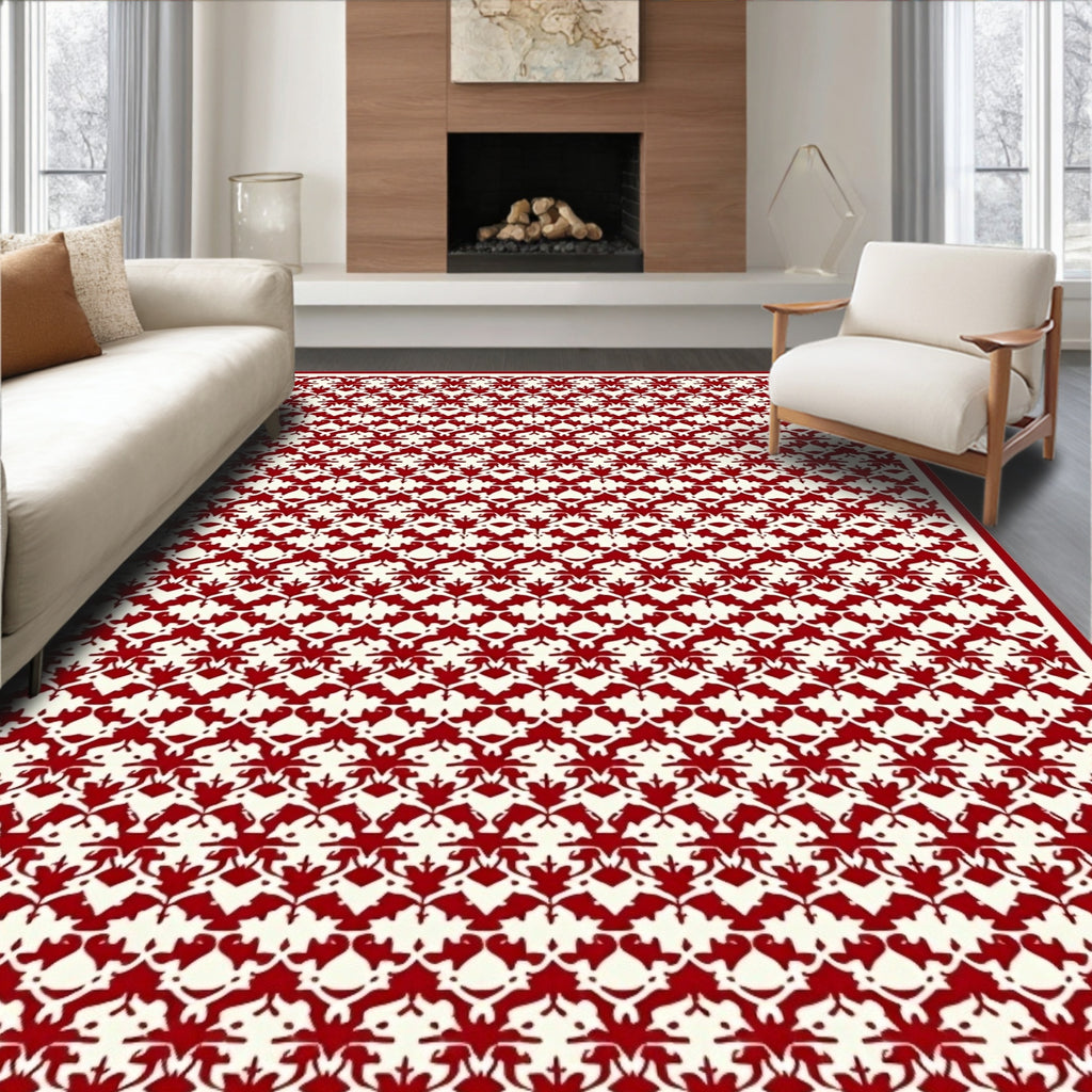 Classic Red Cream Damask Pattern Rug