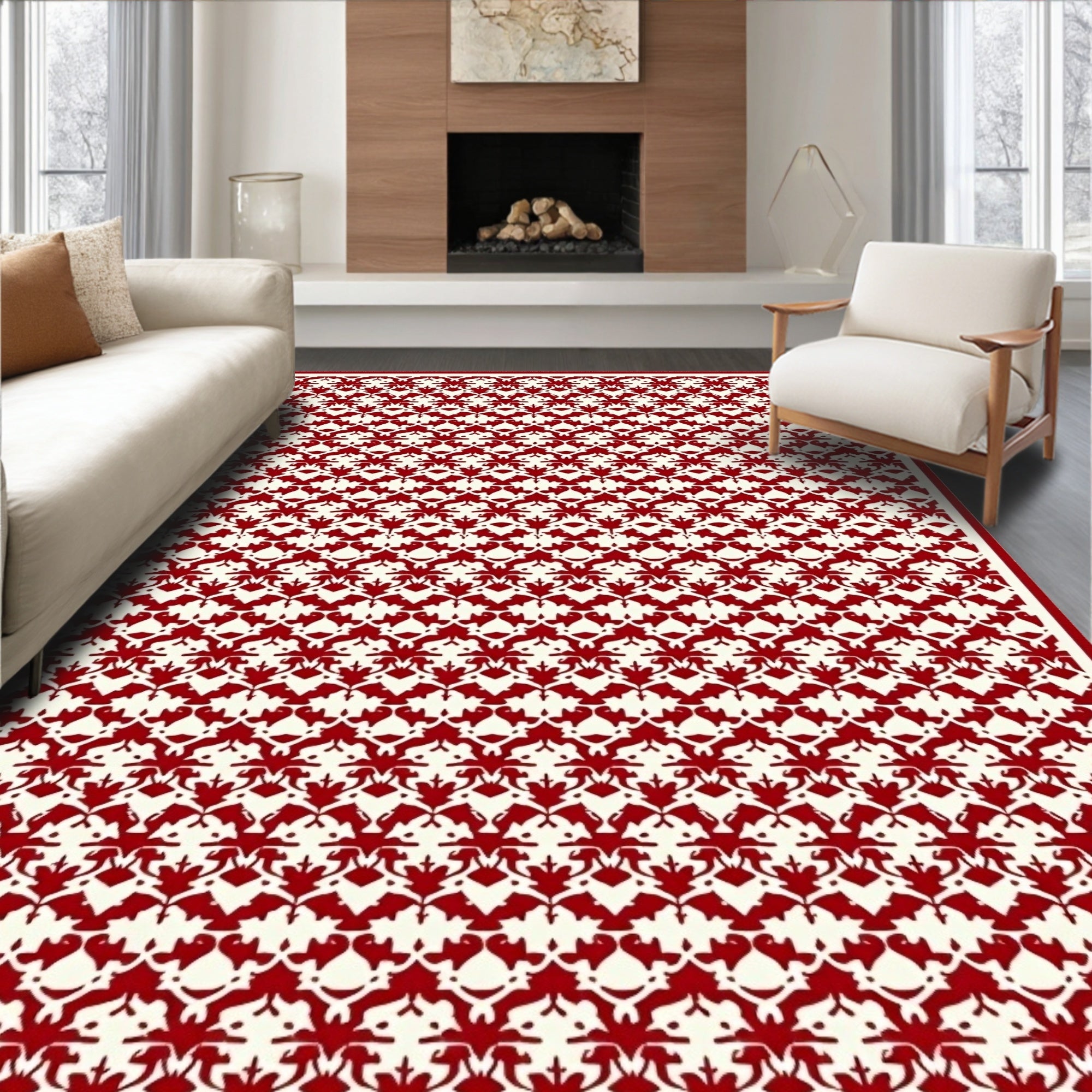 Classic Red Cream Damask Pattern Rug
