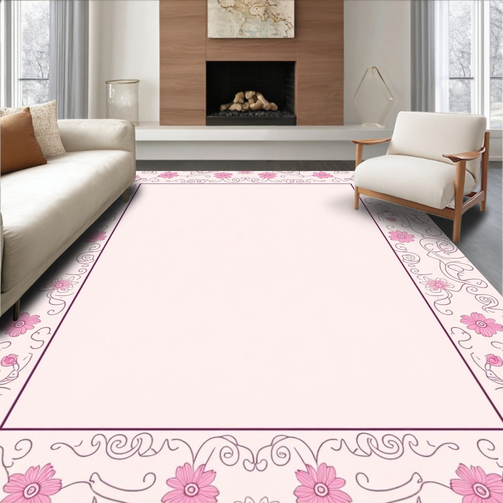 Pink Floral Swirl Border Pattern Rug