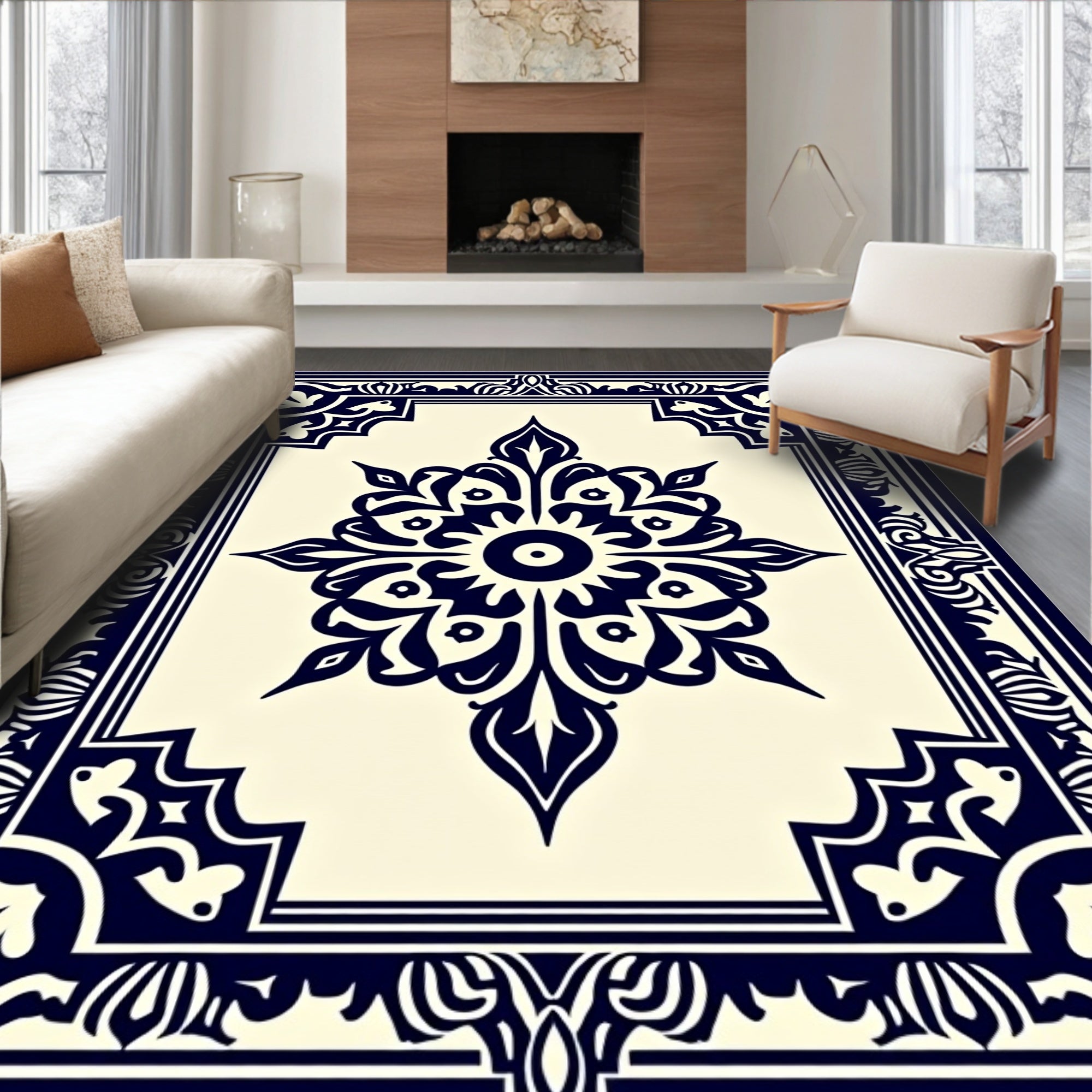 Elegant Navy Floral Center Medallion Rug