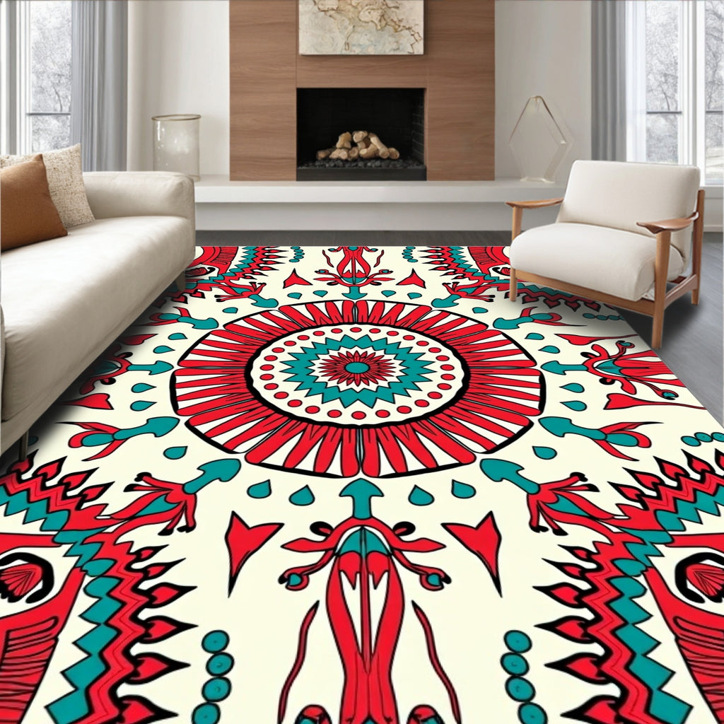 Vibrant Red Teal Sunburst Patterned Rug