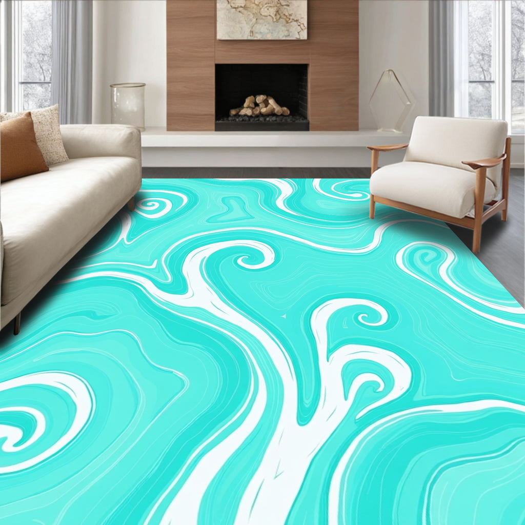 Aqua White Swirl Abstract Pattern Rug