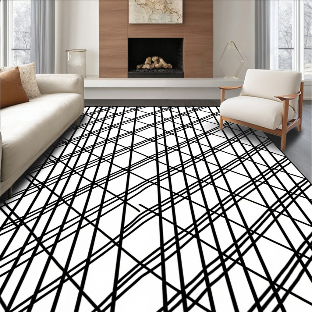 Bold Black Intersecting Lines Pattern Rug