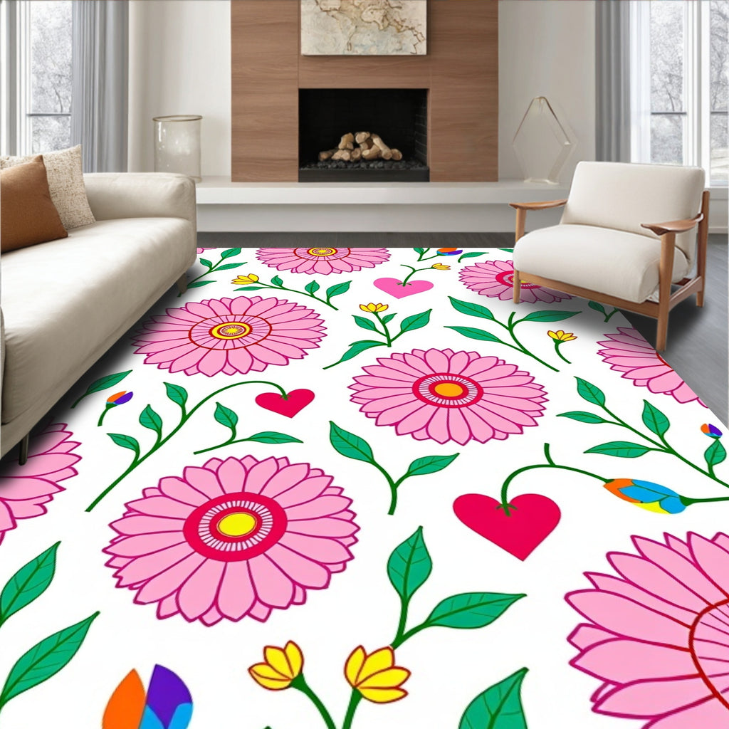 Vibrant Pink Daisy Heart Pattern Rug