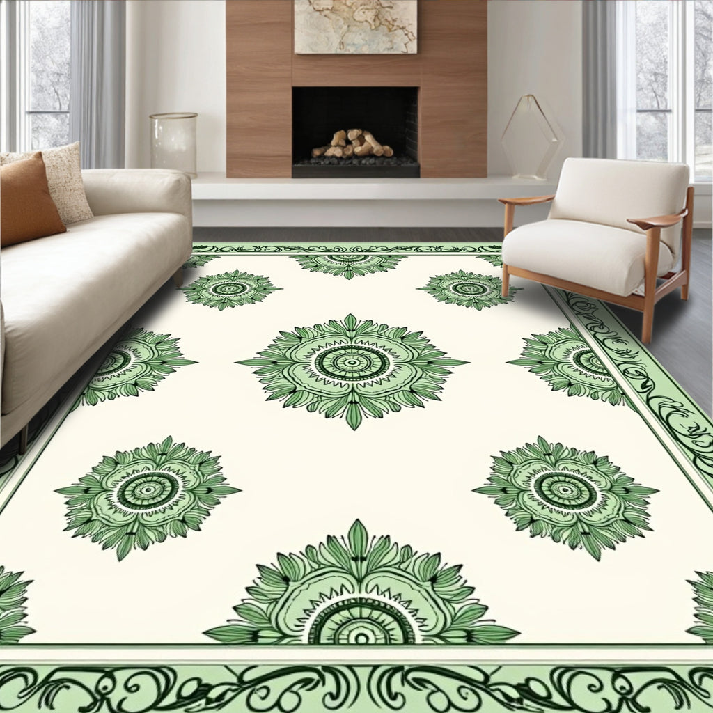 Mint Green Floral Medallion Border Rug