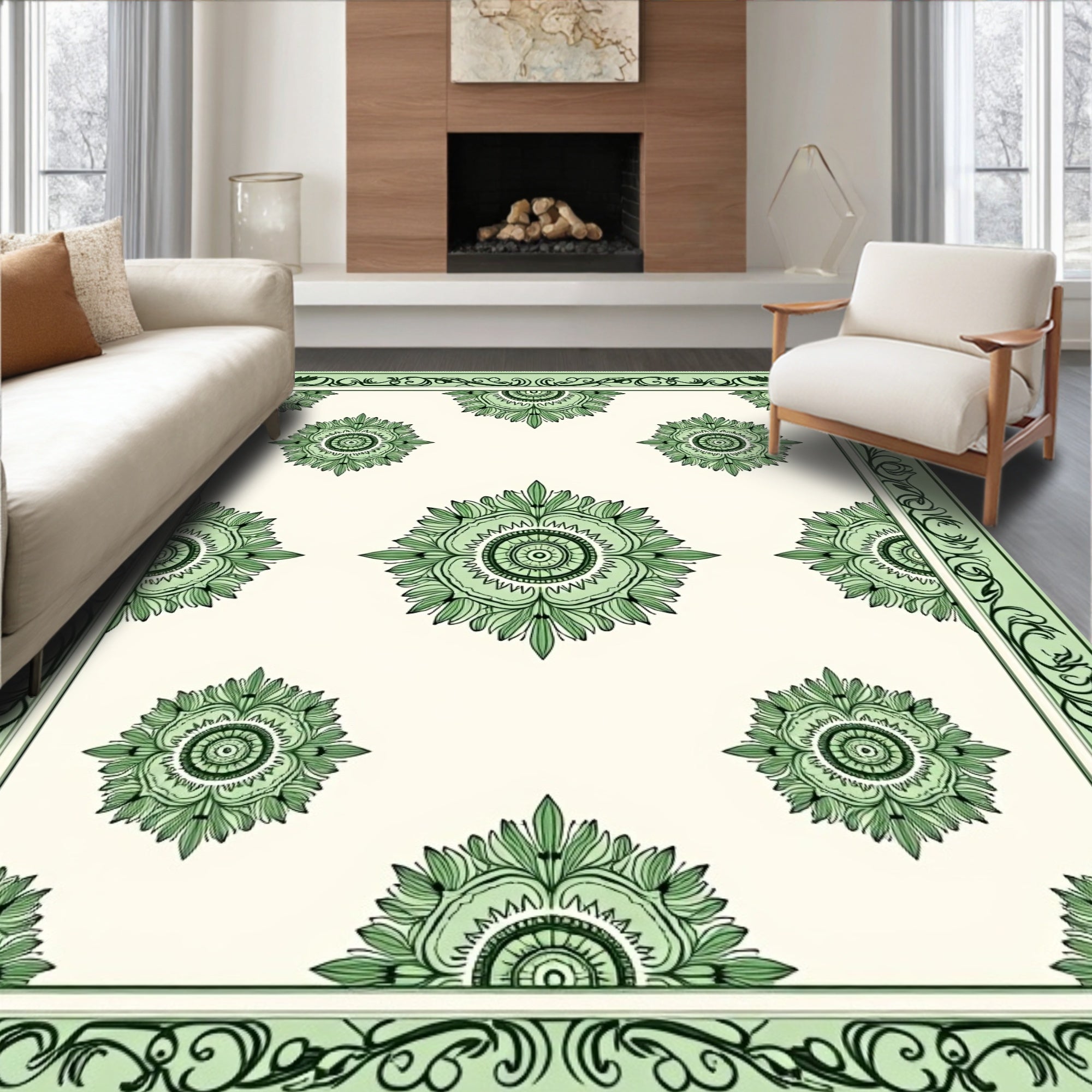 Mint Green Floral Medallion Border Rug