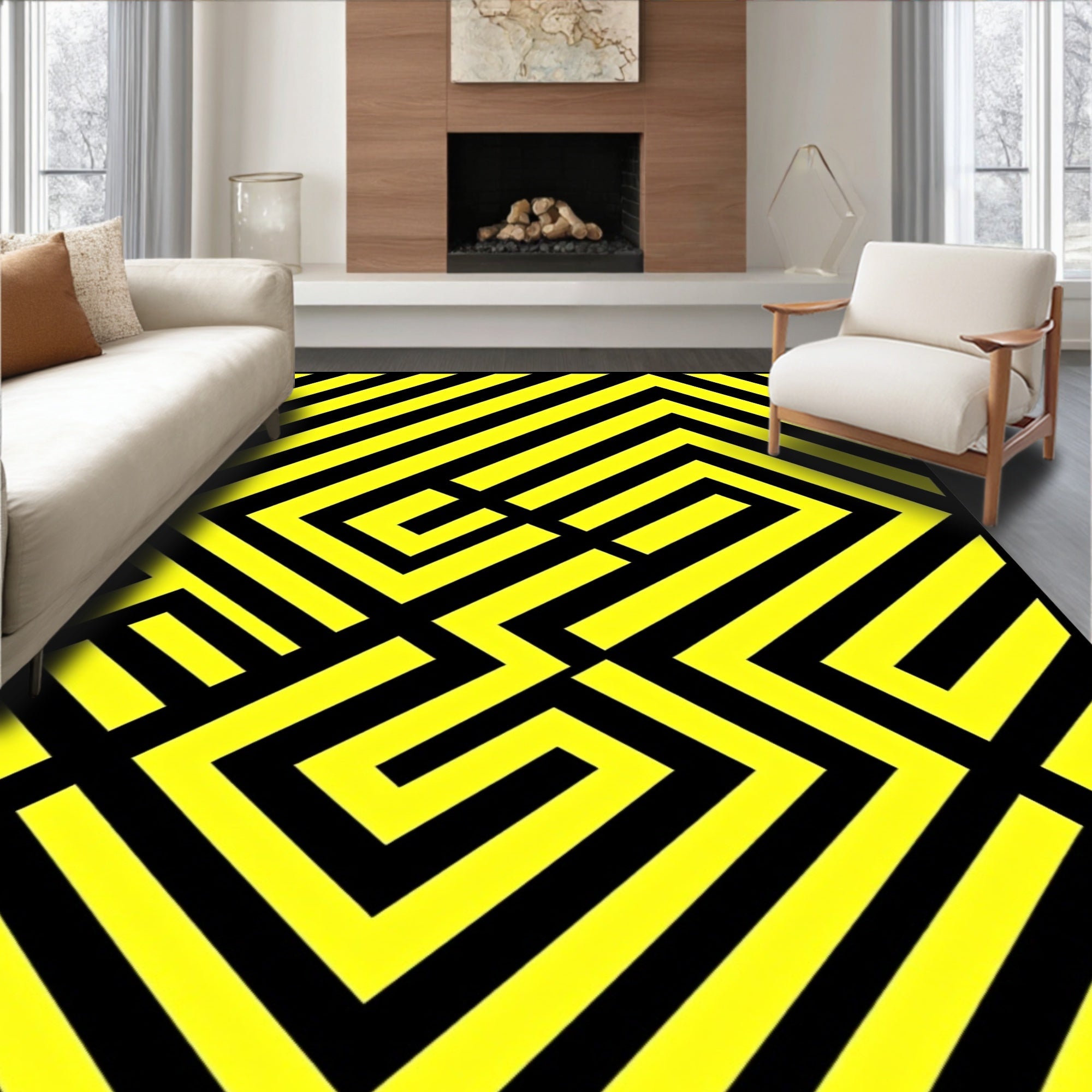 Bold Yellow Black Geometric Design Rug