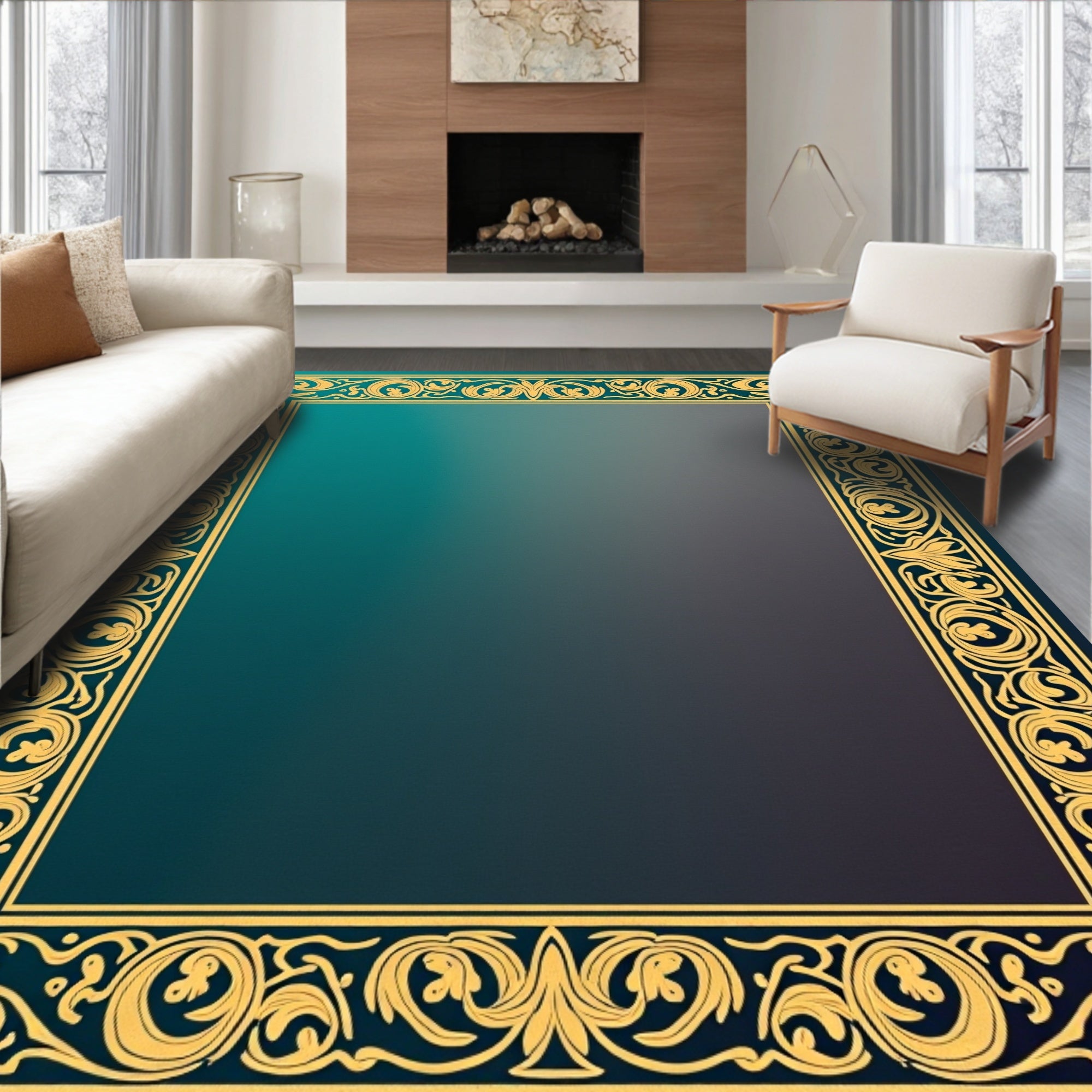 Ornate Golden Teal Border Pattern Rug