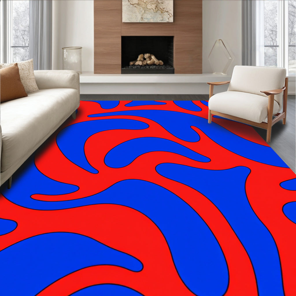 Vivid Red Blue Flowing Pattern Rug