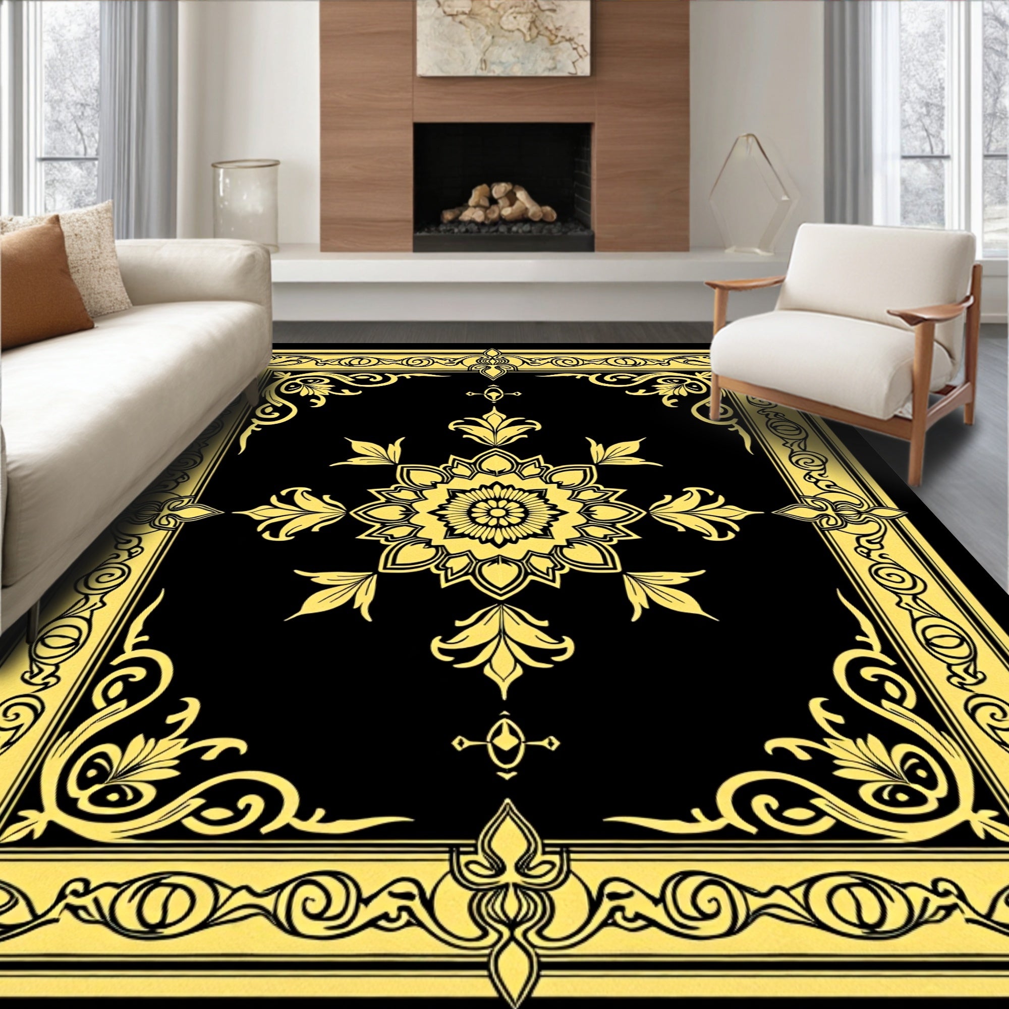 Ornate Golden Floral Centerpiece Rug