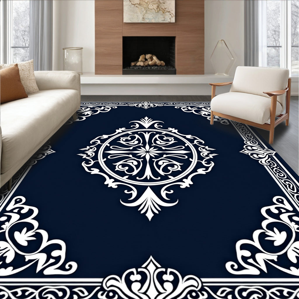 Ornate Floral White Blue Pattern Tile Rug