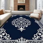 Ornate Floral White Blue Pattern Tile Rug
