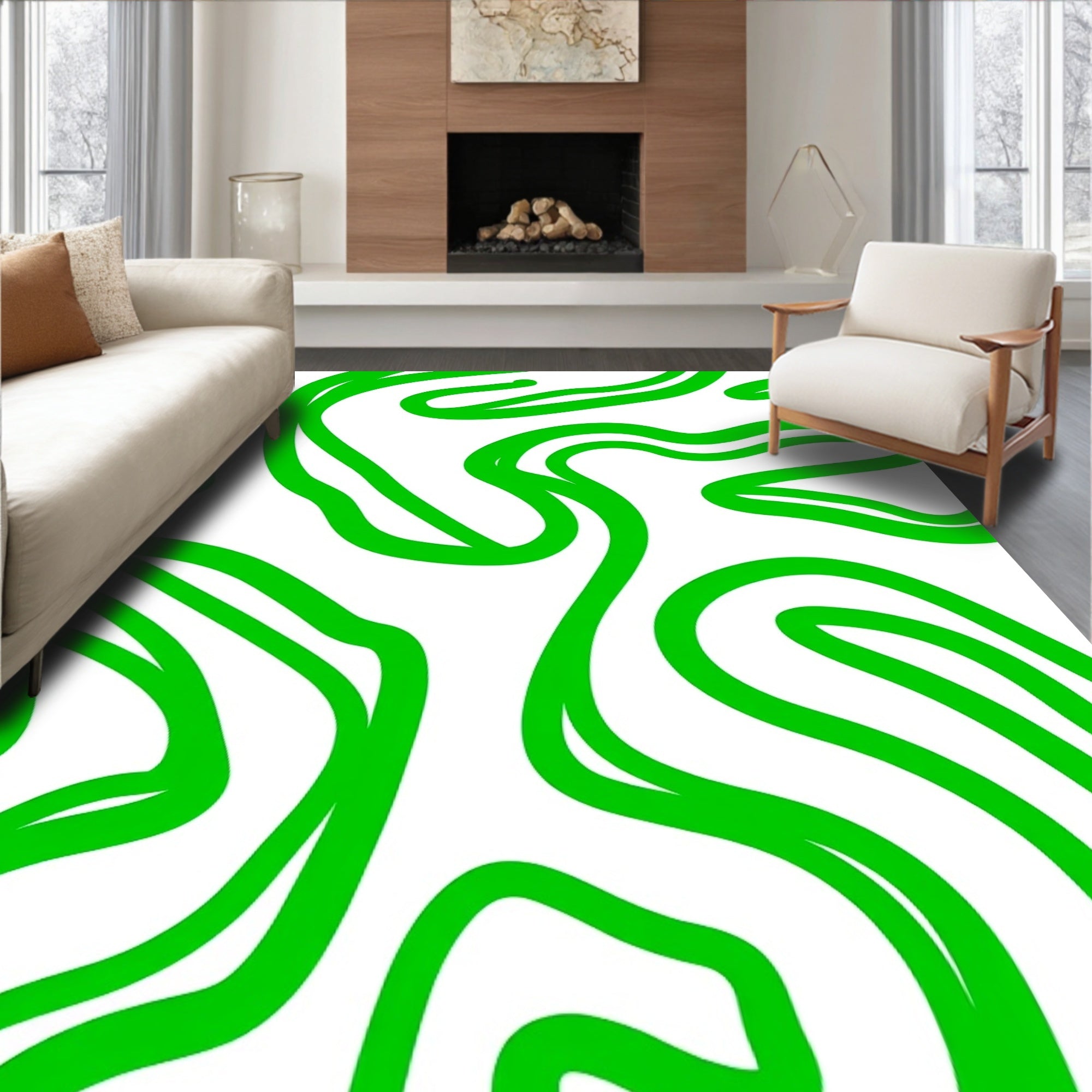 Bold Neon Green Abstract Swirl Pattern Rug
