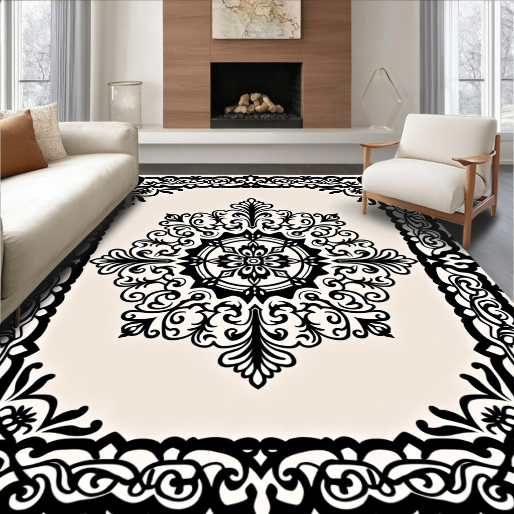 Ornate Black White Medallion Design Rug