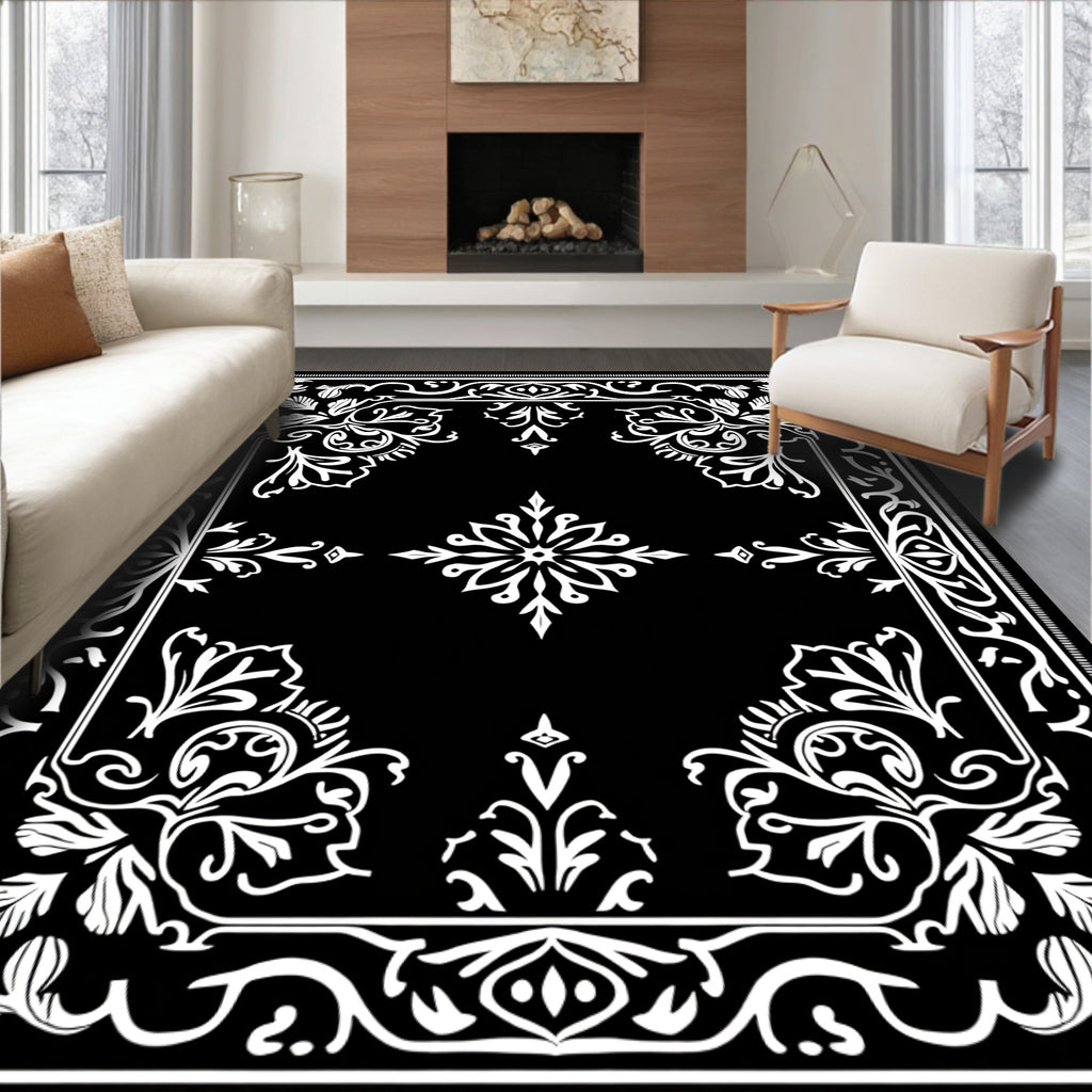Ornate Black White Floral Border Rug