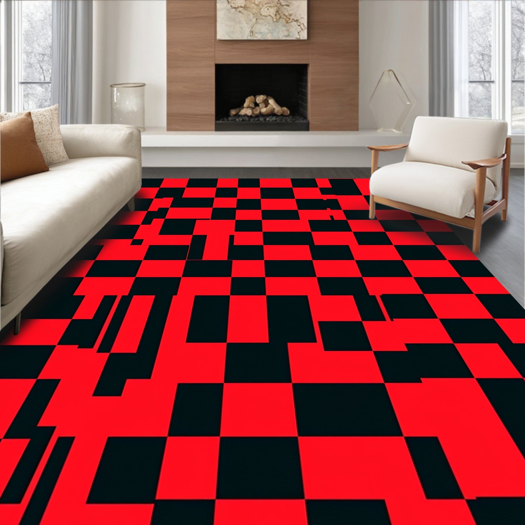 Bold Red And Black Checkerboard Pattern Rug