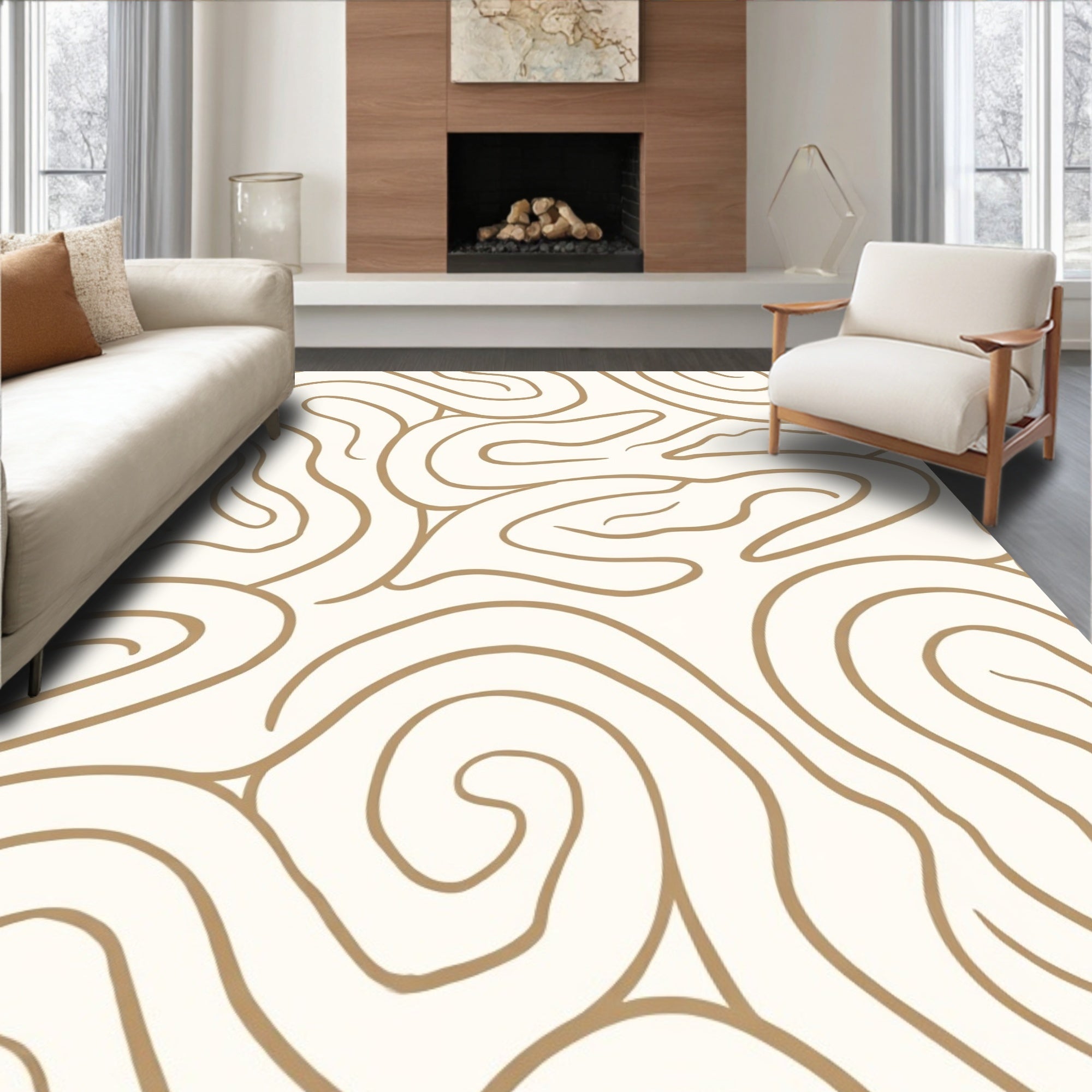Abstract Swirl Cream Gold Pattern Rug