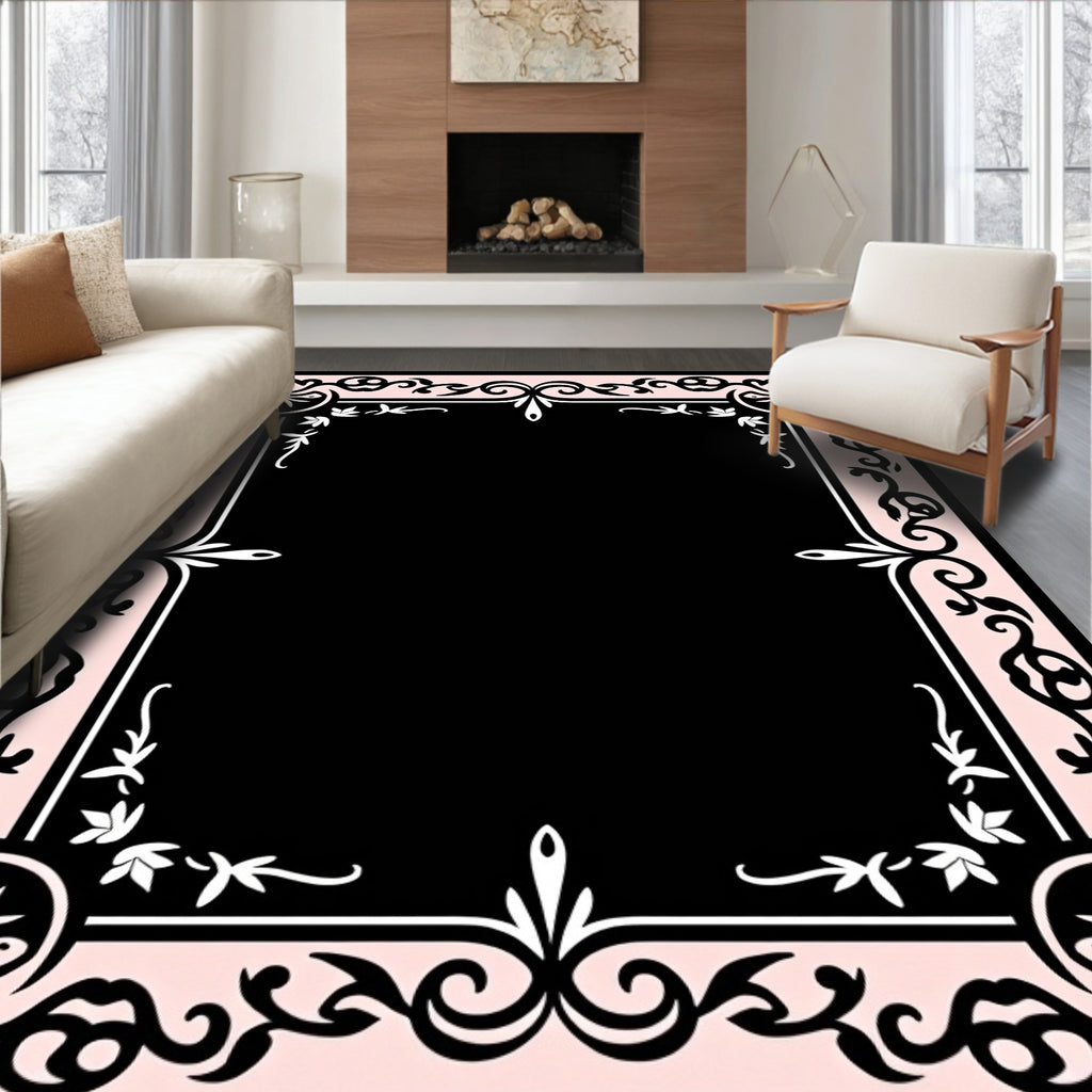 Delicate Floral Scrollwork Framed Rug