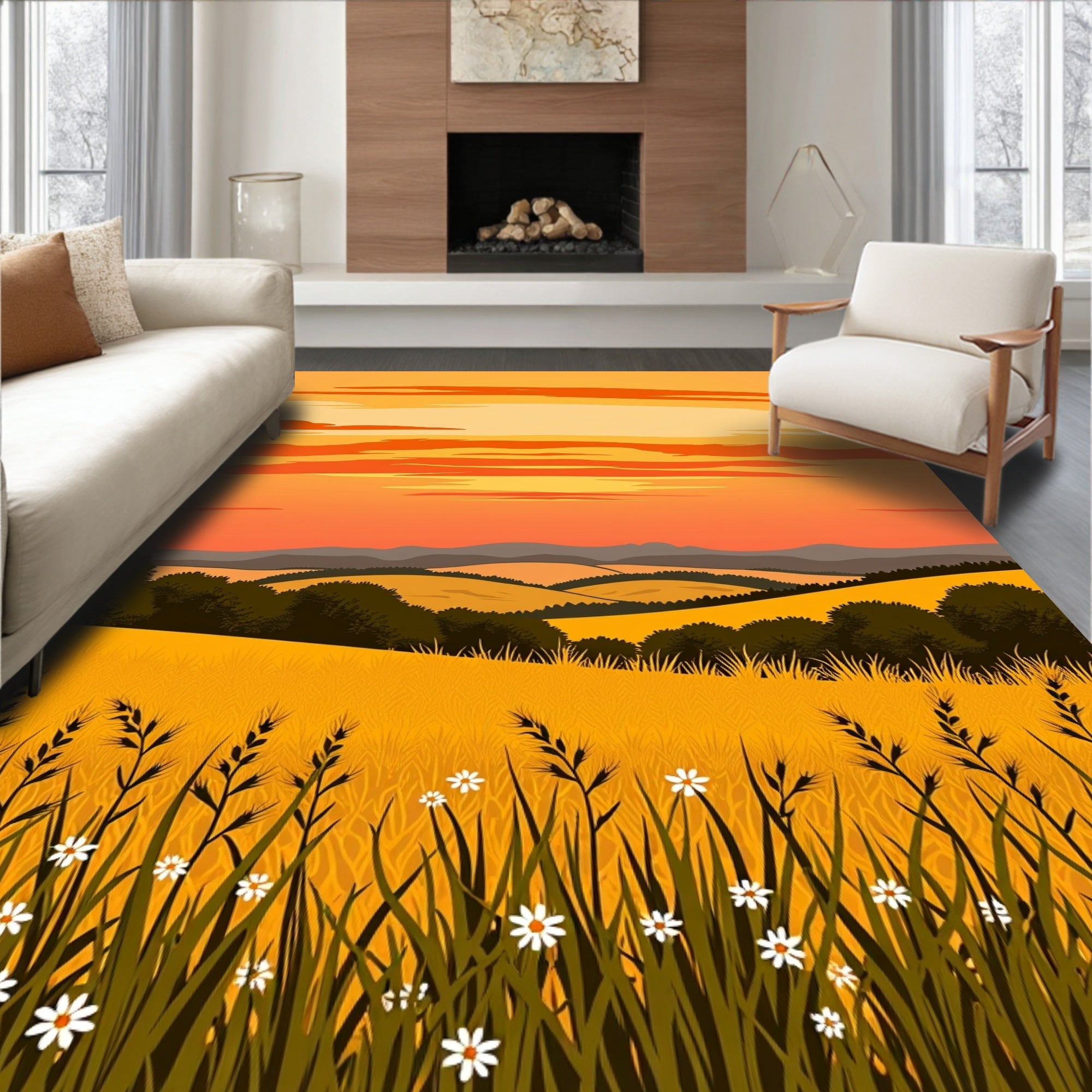 Sunset Over Golden Field with Flora Rug