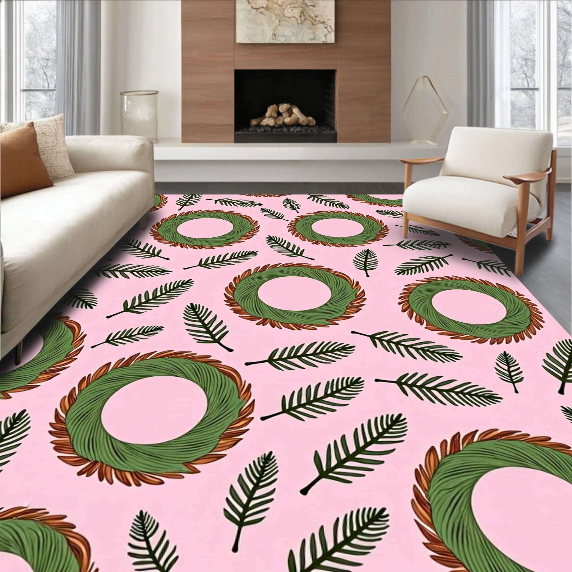 Pink Green Wreath Leaf Repeating Pattern Rug