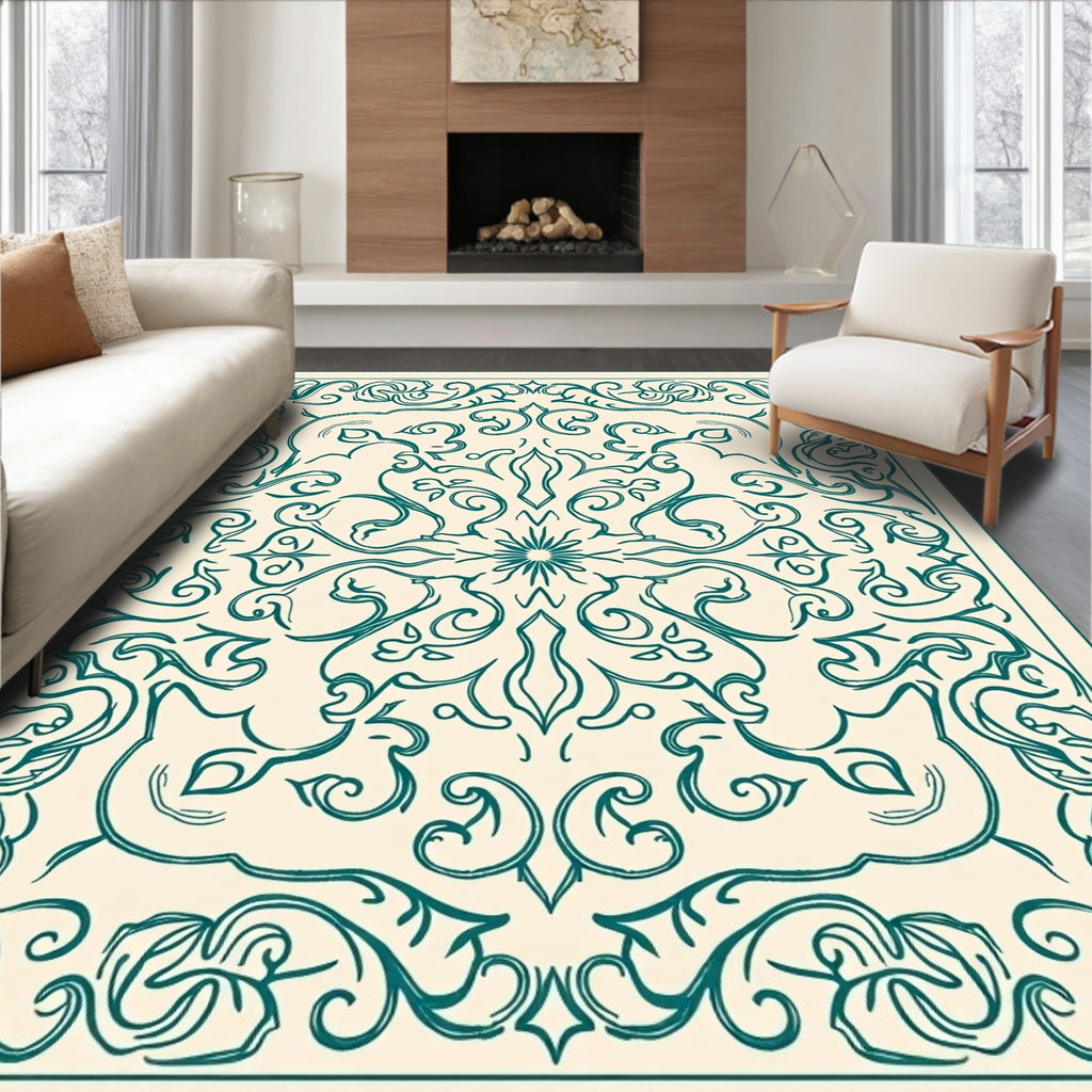 Ornate Teal Swirls Decorative Rug