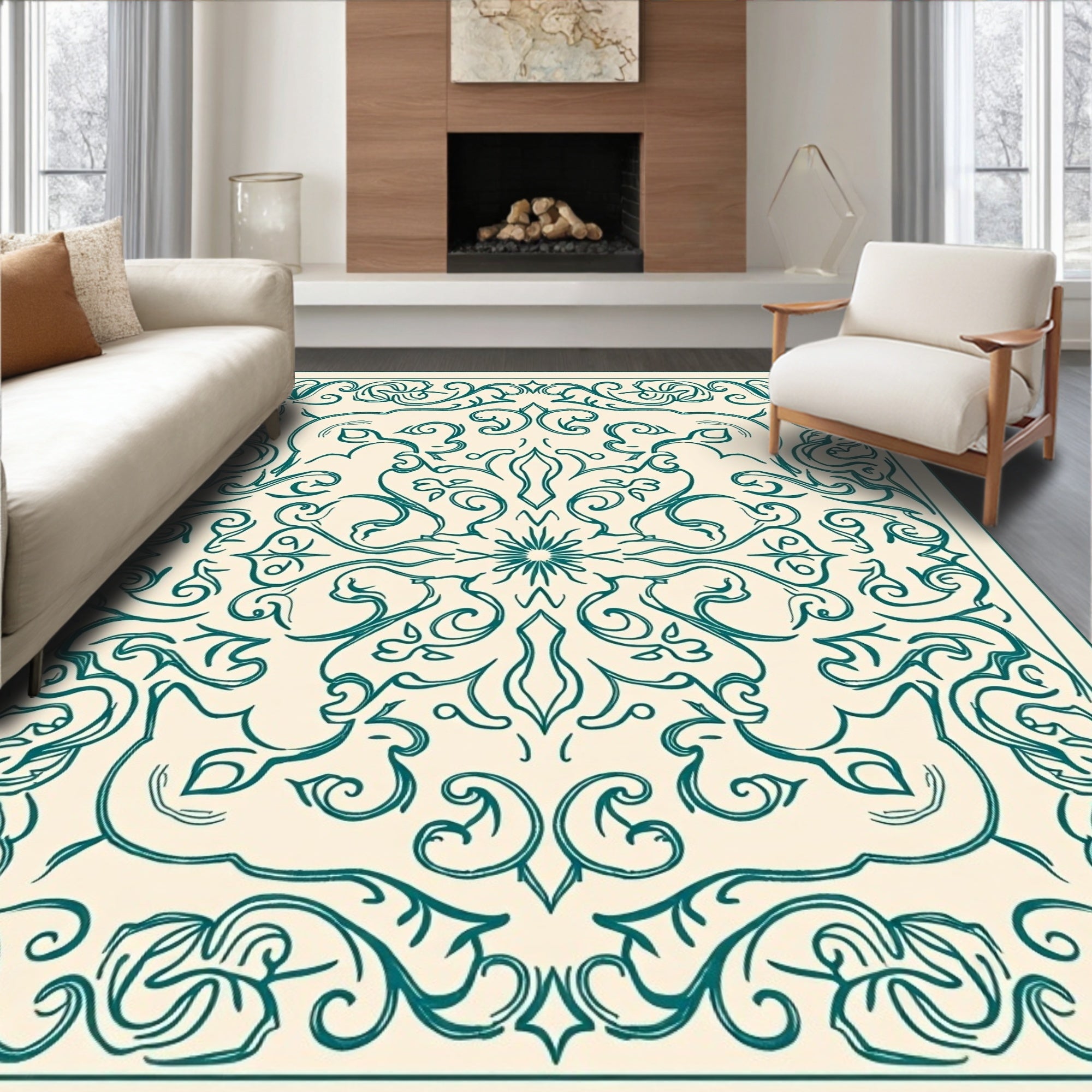 Ornate Teal Swirls Decorative Rug