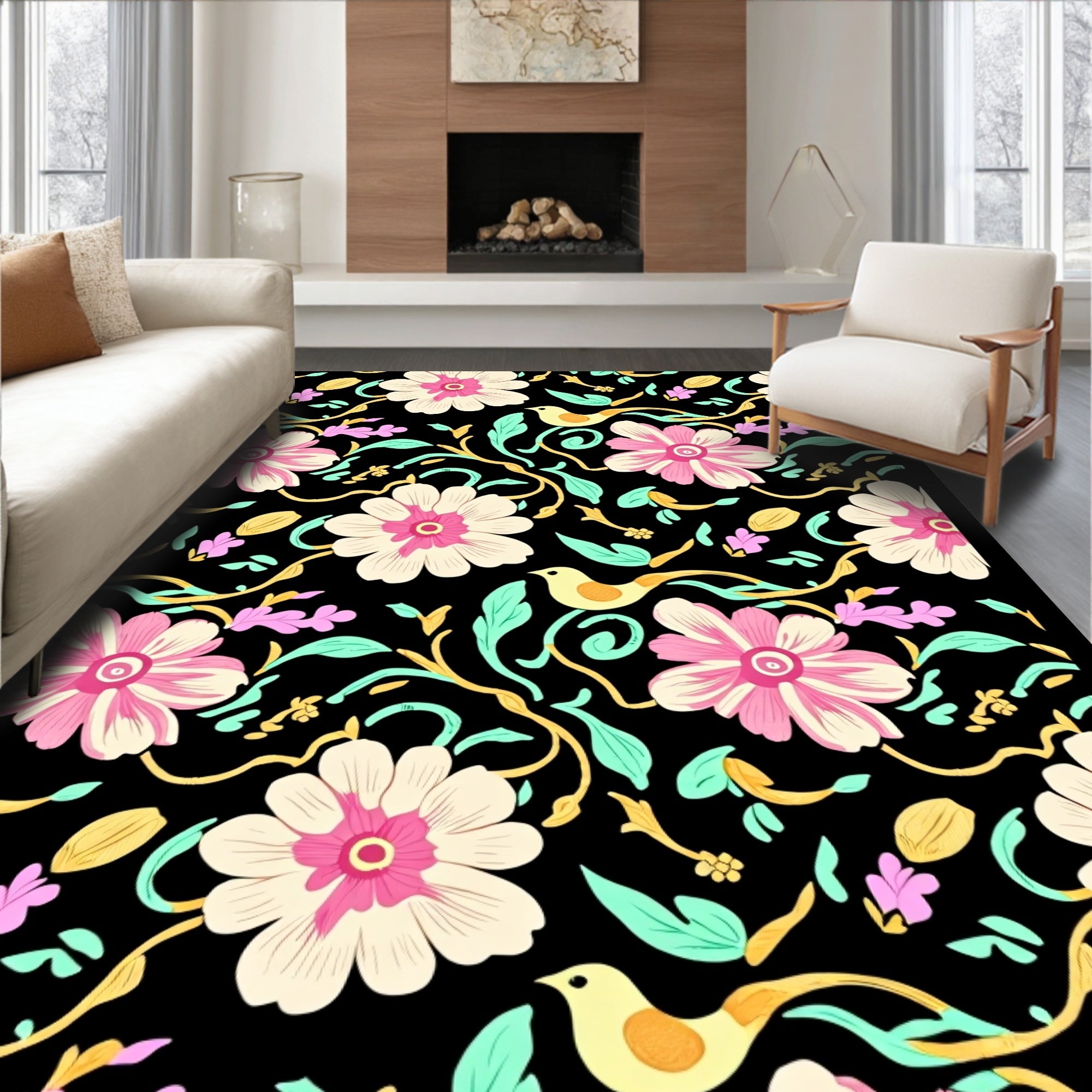 Whimsical Floral Bird Pattern Design Rug