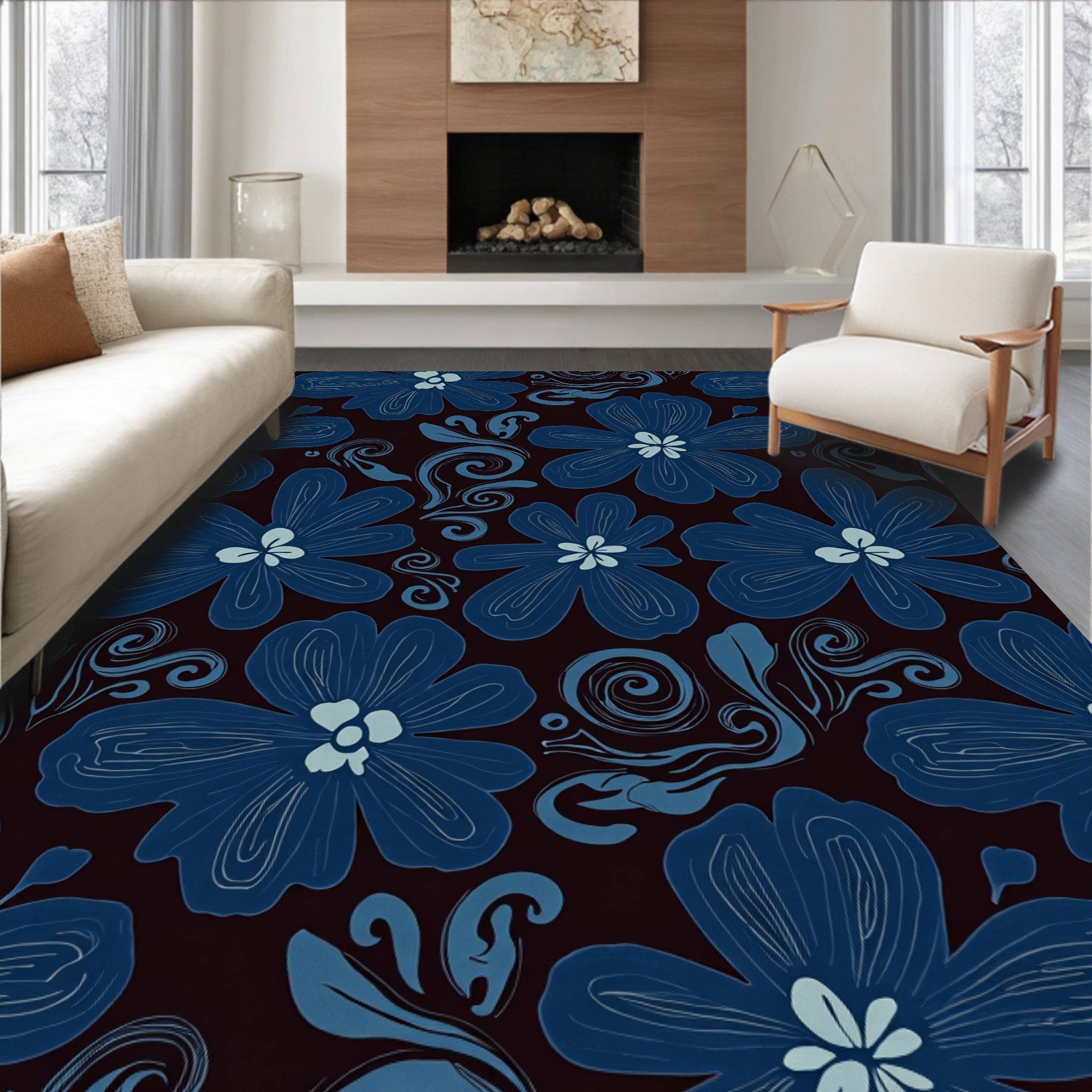 Deep Blue Floral Swirl Pattern Rug