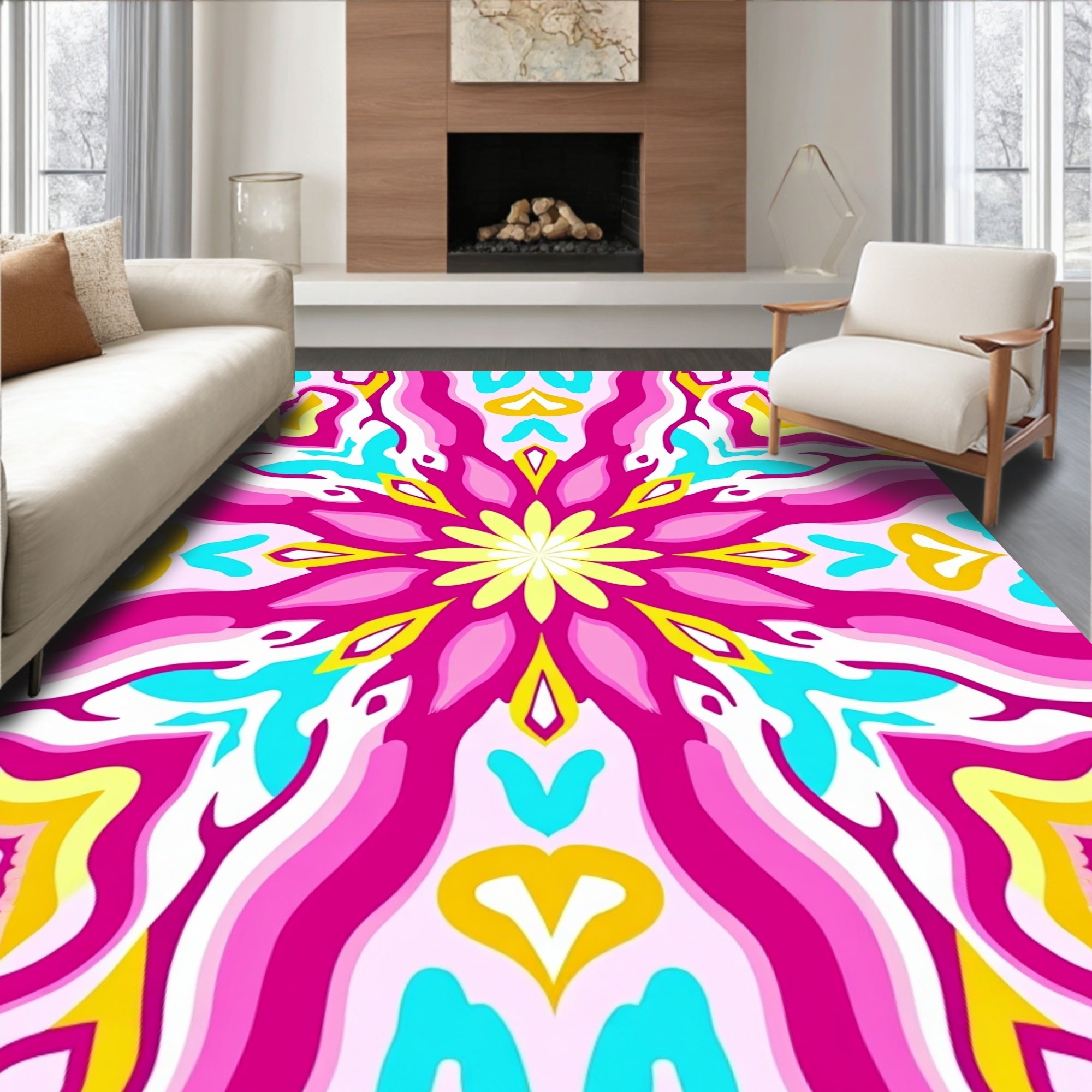 Vibrant Floral Kaleidoscopic Pattern Rug
