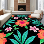 Vibrant Coral Hibiscus Tropical Foliage Rug