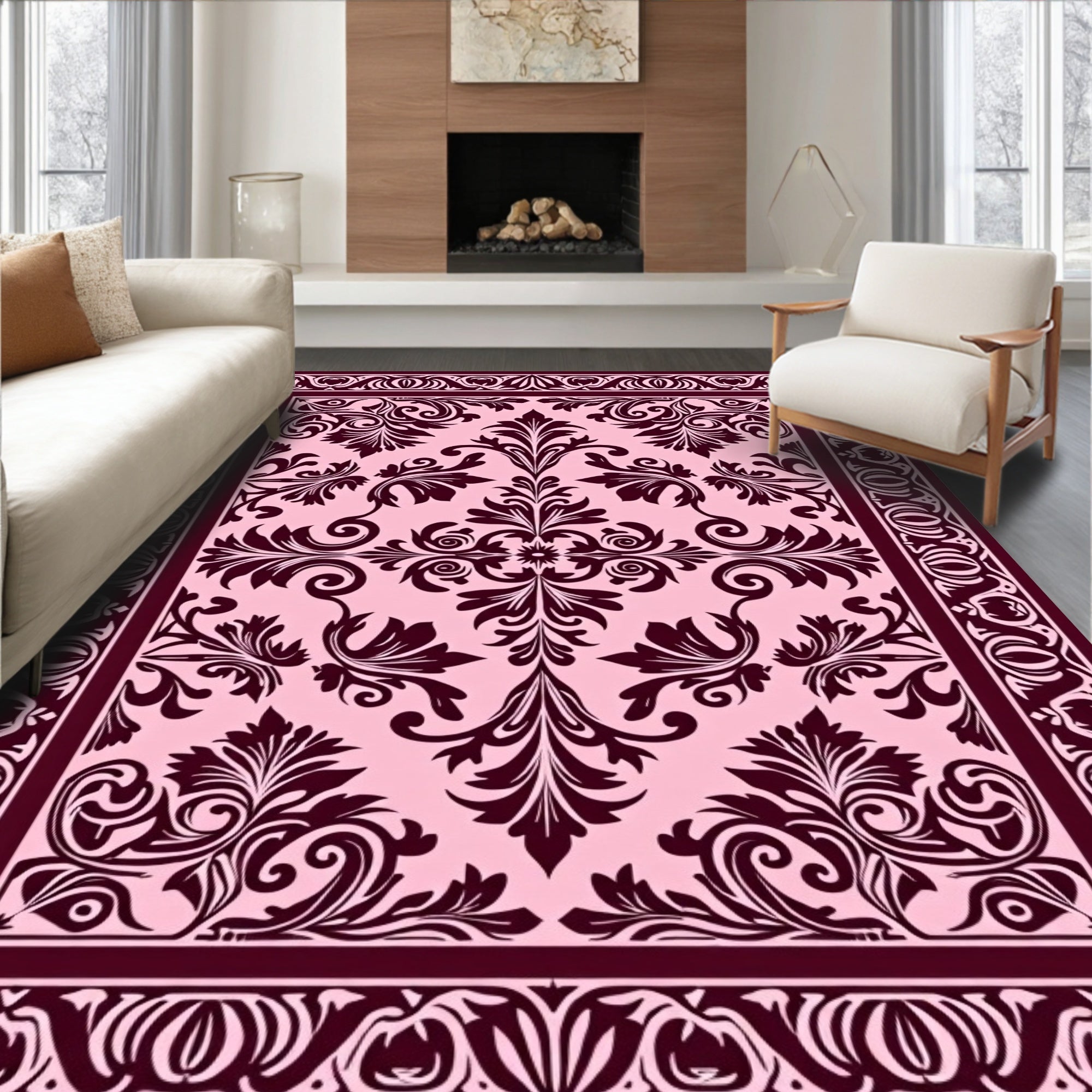 Dark Burgundy Floral Damask Pattern Rug