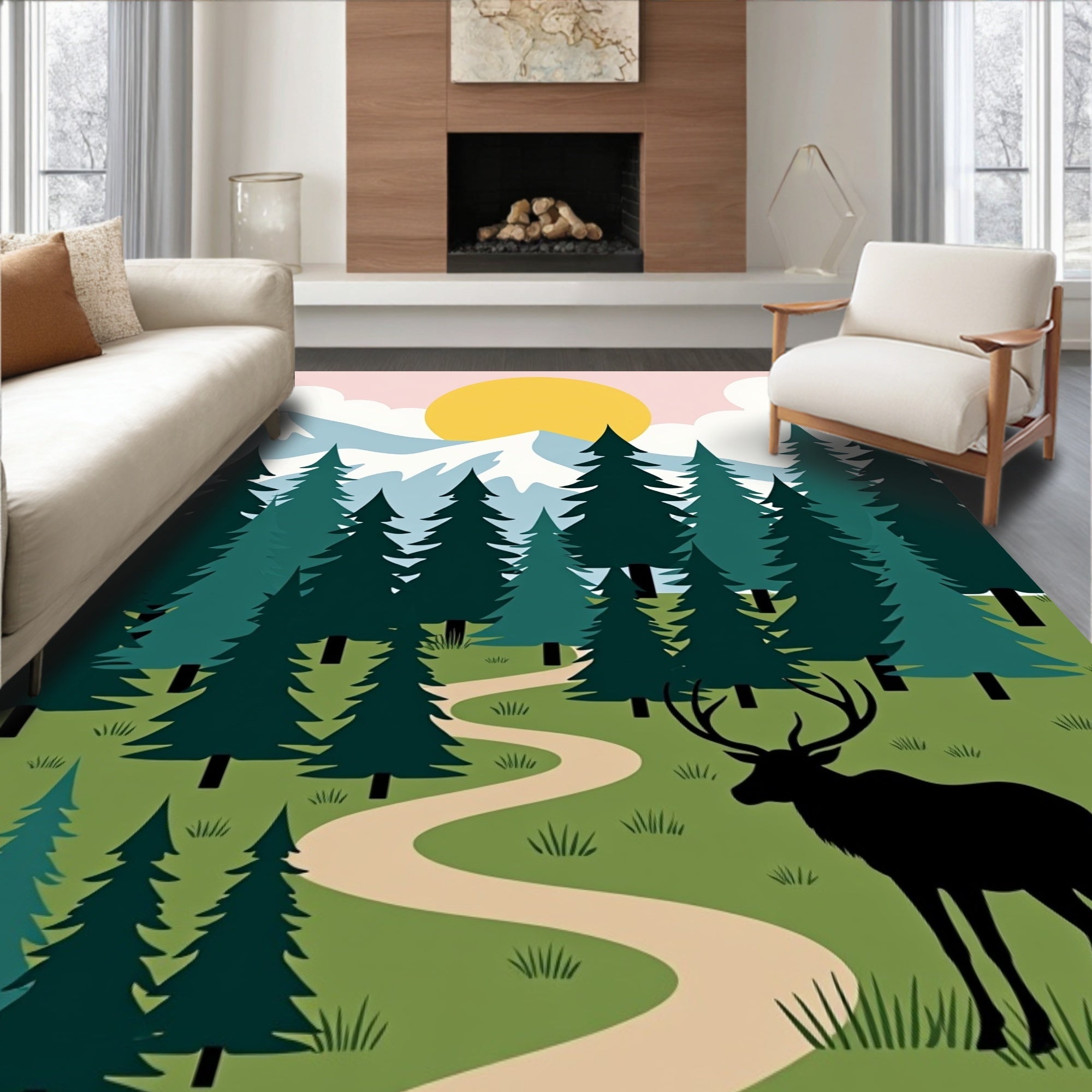 Woodland Deer Mountain Scenic Design Rug