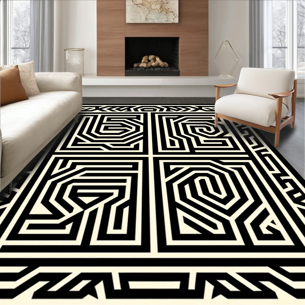 Abstract Black White Maze Design Rug