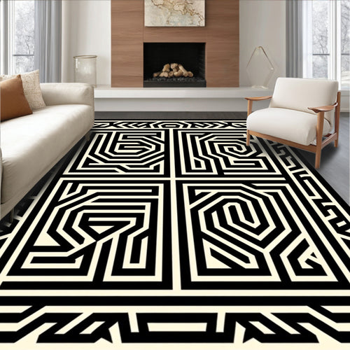 Abstract Black White Maze Design Rug