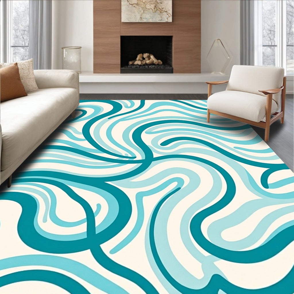 Fluid Teal Cream Wave Pattern Rug
