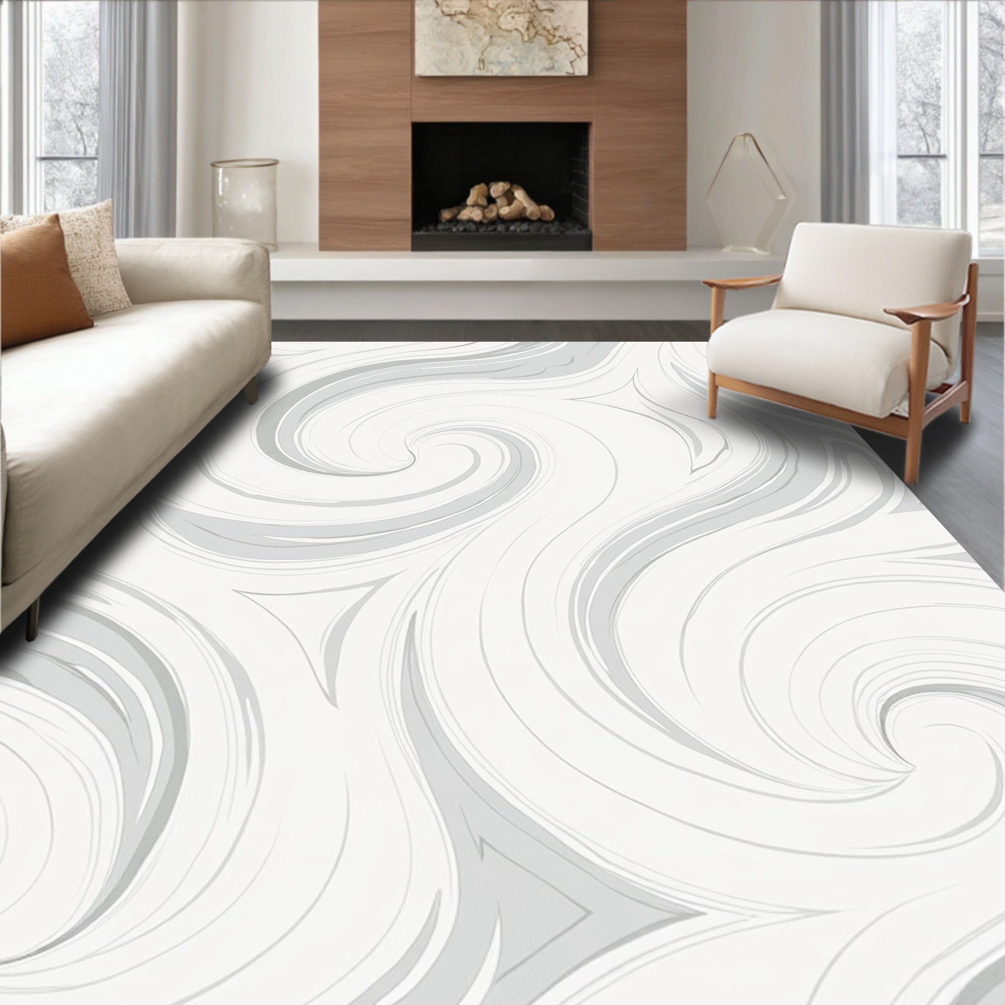Abstract Swirls Gray and White Design Rug